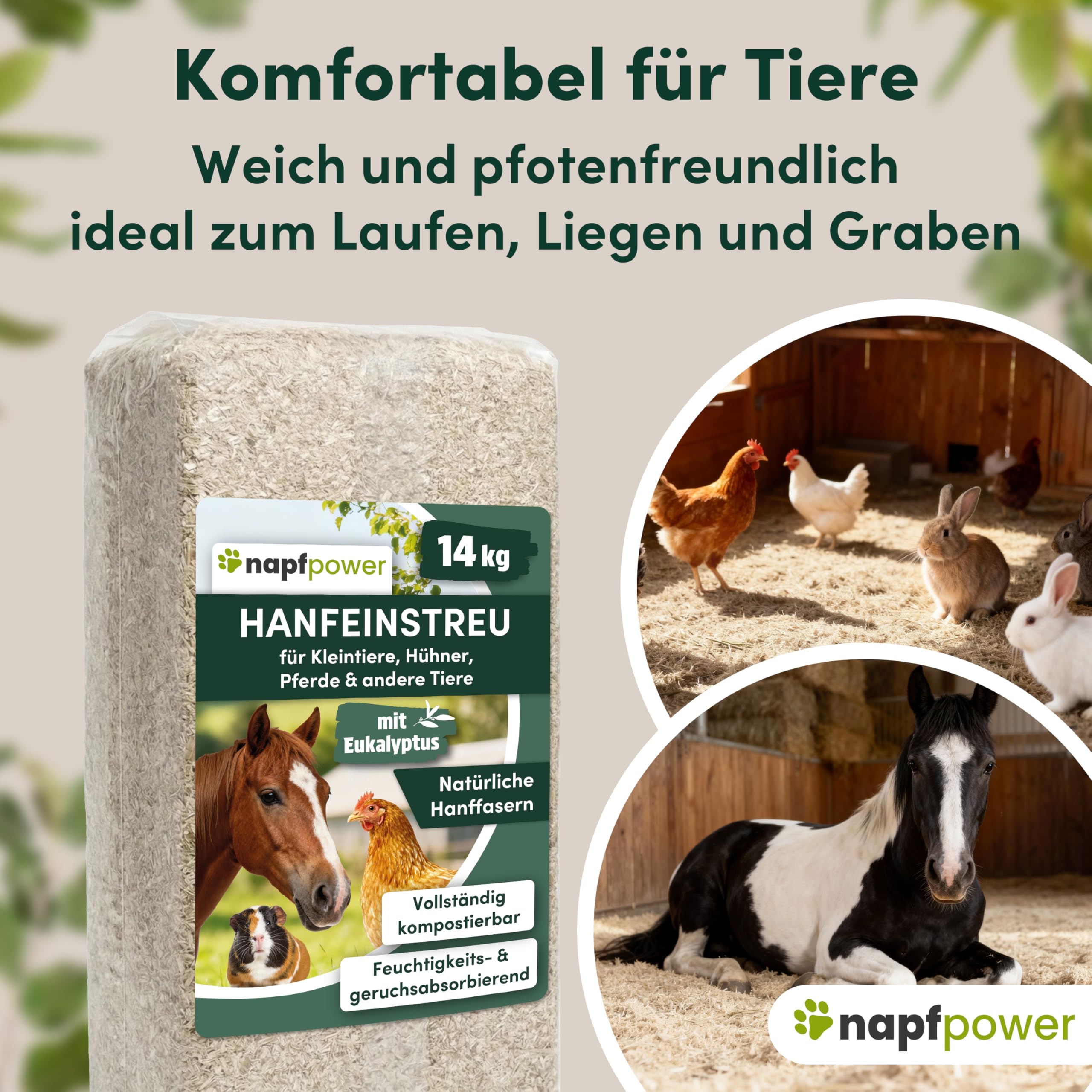 Hanfeinstreu (14 kg) mit Eukalyptus für Hühner, Kleintiere & Pferde – staubarmes Hanfstreu für Hühner & Pferde – extrem saugfähiges & kompostierbares Hanf Einstreu für Tierställe
