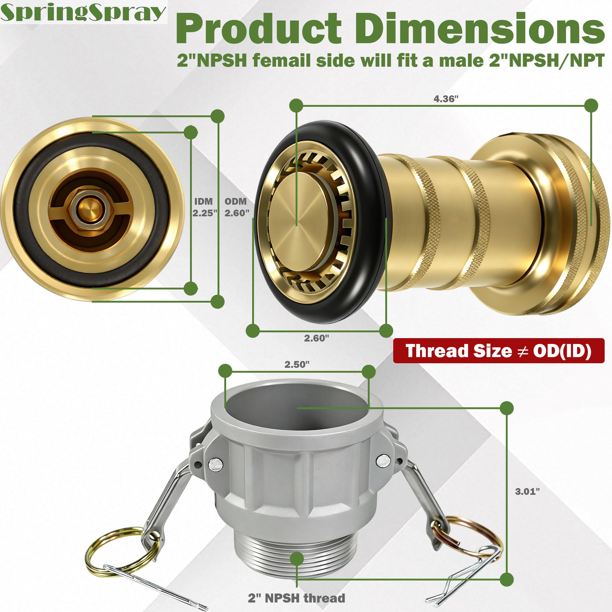 Acoplamiento de aluminio Camlock de 2 pulgadas NPSH con boquilla de manguera de fuego de latón 2 pulgadas Equipo de fuego Flujo constante Heavy Duty Industrial Boquilla de niebla