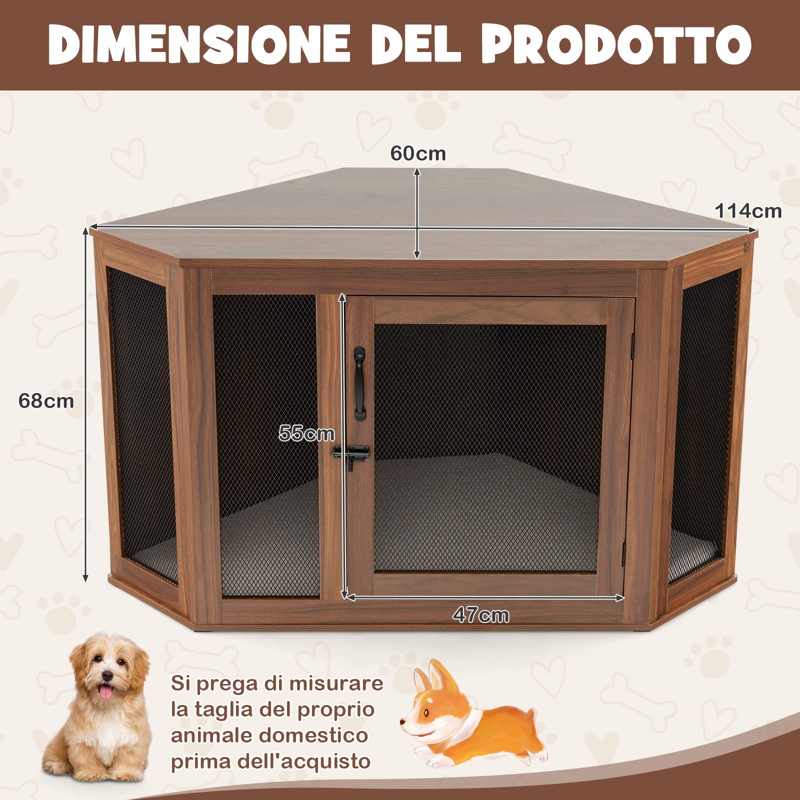 COSTWAY Gabbia per Cani ad Angolo, Casetta per Cani Angolare con Porta a Rete e Cuscino, Maniglia e Chiavistello, Mobile Kennel per Animali da Interno per Stanze e Appartamenti Piccoli
