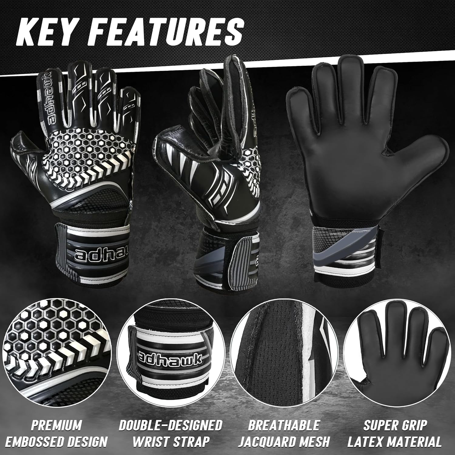 Adhawk Goalkeeper Gloves - Premium Quality Latex Palm with Finger Spine Protection & Double Layer Wristband - Premium Designed Goalie Gloves for Kids, Youth and Adult