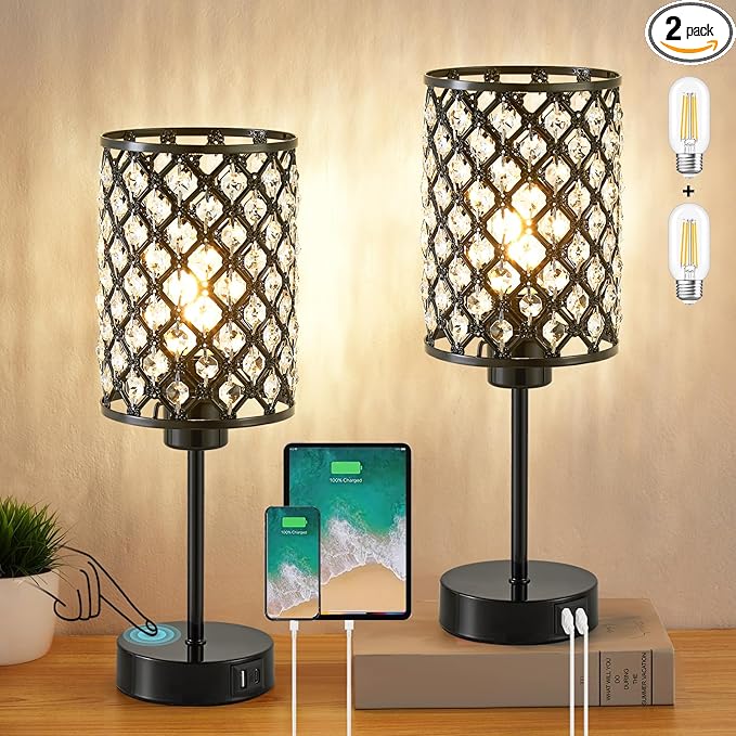 GyroVu Touch Control Table Lamp, Black Crystal Table Lamps Set of 2 with 2 USB Charging Ports, 3-Way Dimmable Bedside Nightstand Lamps for Living Room, Bedroom, Guest Room, Bulbs Included