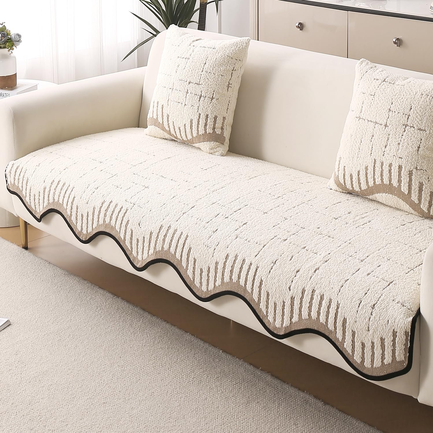 HOKIPO Premium Supple Soft Wavy Sofa Cover Mat with Curve Design| Make Your Own Sofa Cover Set, Mat Length 90(D) x 180(L) cm, Cream Brown (AR-5977-CRBR)-image-14