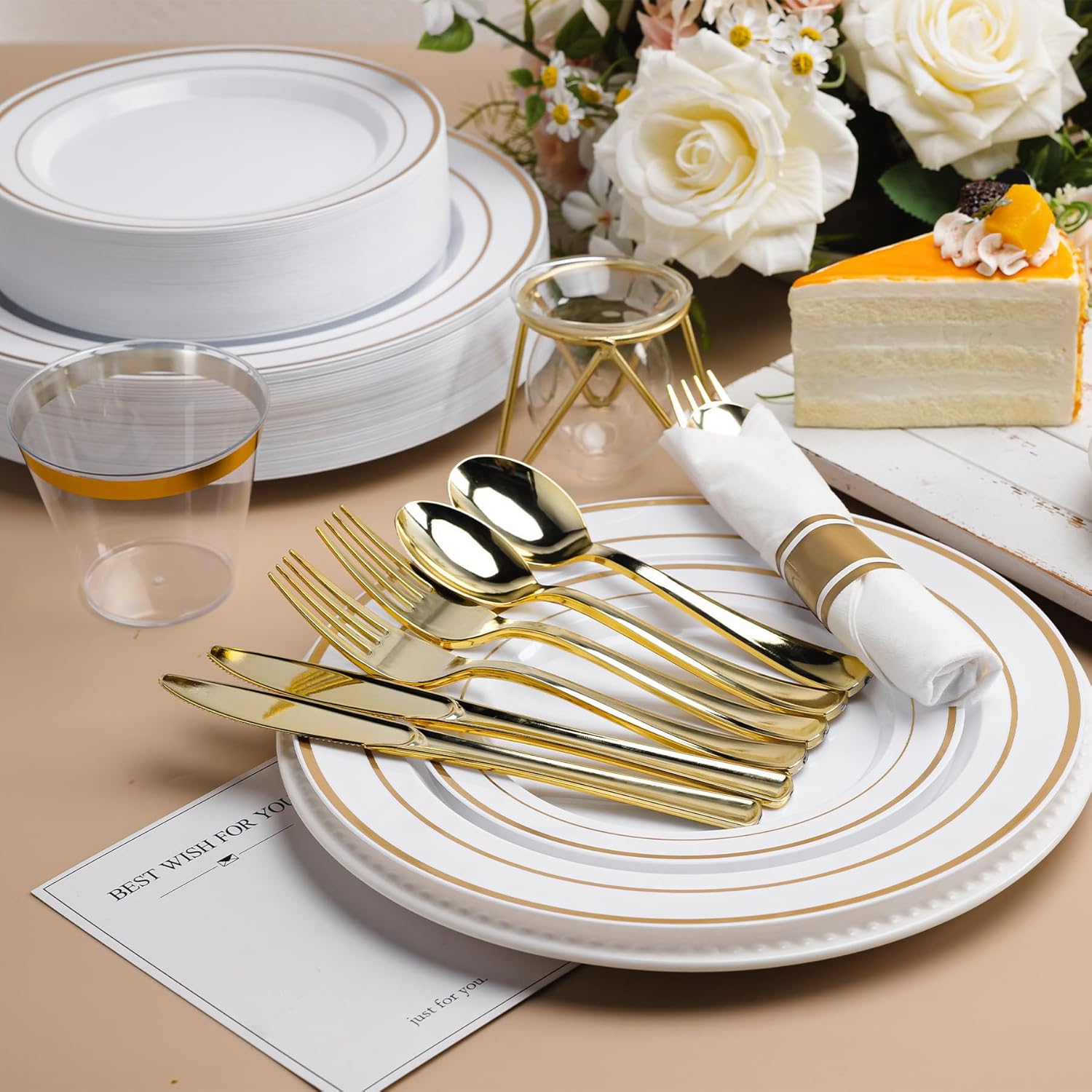 350 PCS White and Gold Plastic Dinnerware Set for 50 Guests, Disposable Party Plate for 50 Guests, Include: 100 Plastic Plates, 50 Pre Rolled Napkins with Gold Silverware, 50 Cups - Image 5