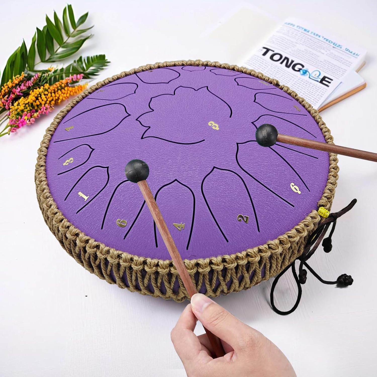 BETESINE 13-Inch 15-Note Steel Tongue Drum in C Major, Beginner-Friendly Meditation Drum with Mallets, Music Book, Finger Picks, Carry Bag & Note Stickers, Violet