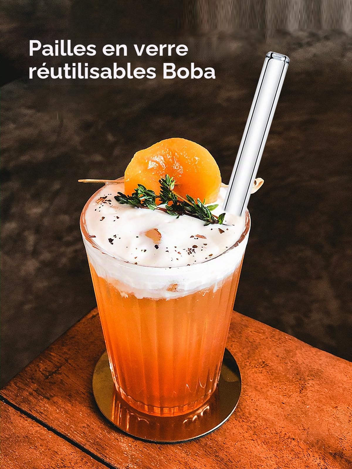 Realure Lot de 4 Pailles en Verre Transparente 14mm 21.5cm pour Bubble Tea Smoothie Cocktail