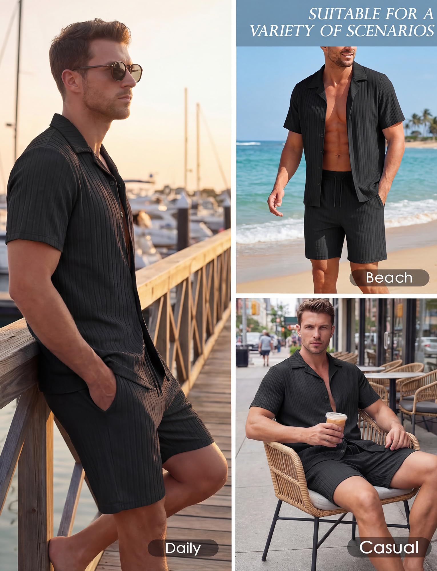 FEOYA Męski dres treningowy, 2-częściowy zestaw letni, z krótkim rękawem, listwa guzikowa, koszula i szorty, luźny strój w paski, na urlop, na plażę i do wypoczynku, strój do biegania