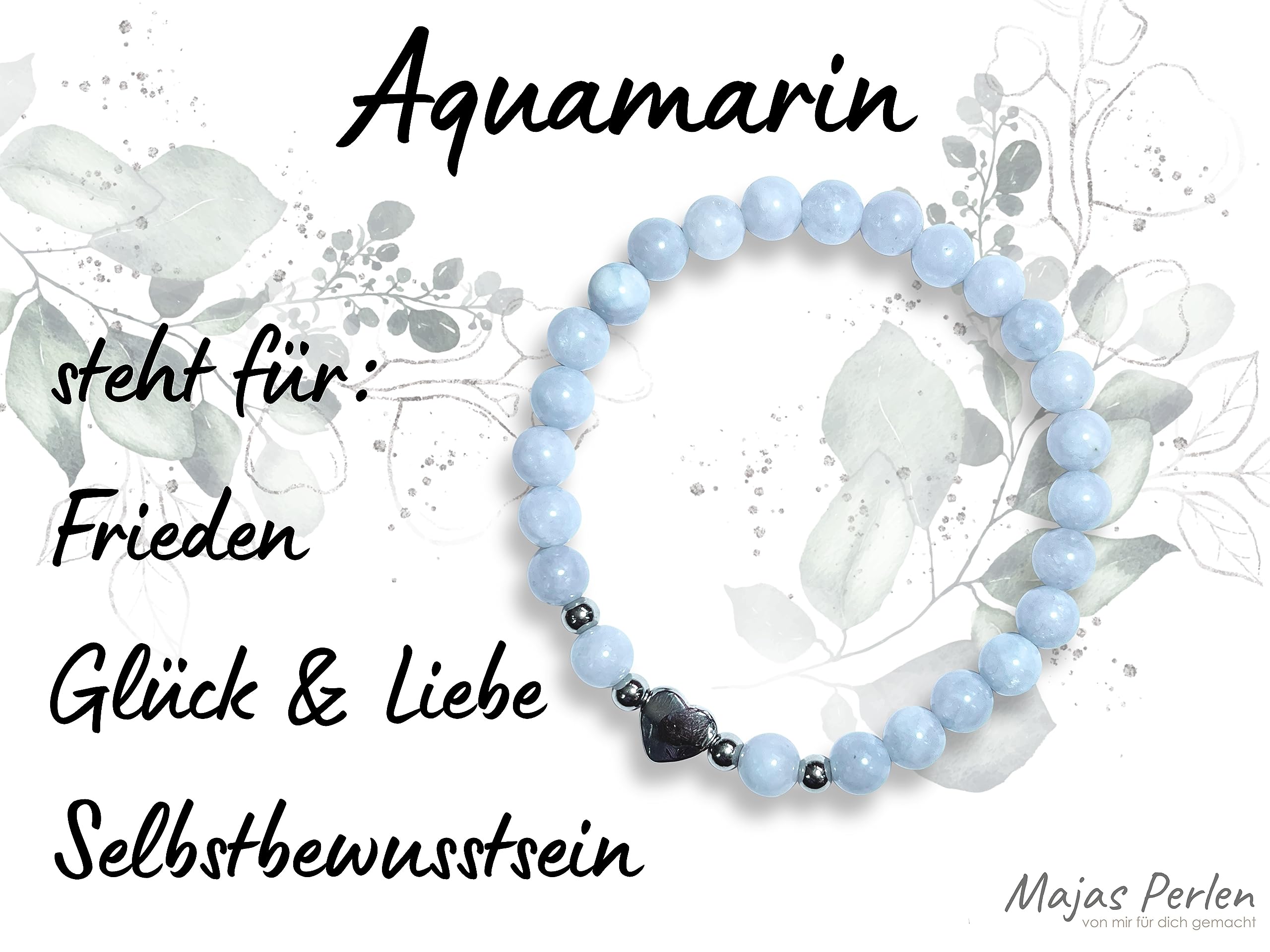 Aquamarin Armband Perlen echt 6mm Herz Edelstahl Silber Gold Roségold oder ionisiert - Handmade Perlenarmband Selbstbewusstsein Liebe Glück Frieden - Spiritueller Schmuck Damen Mädchen