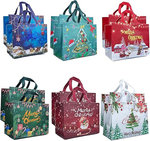 12 bolsas grandes de regalo de Navidad con asas, bolsas reutilizables no tejidas, estampadas en oro, ideales para envolver regalos, compras y