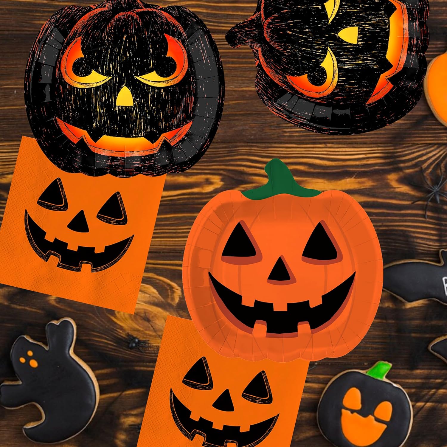 150pcs Halloween Paper Plates Napkins Halloween Tableware Disposable Black and Orange Pumpkin Plates for halloween Party Supplies Serve 50