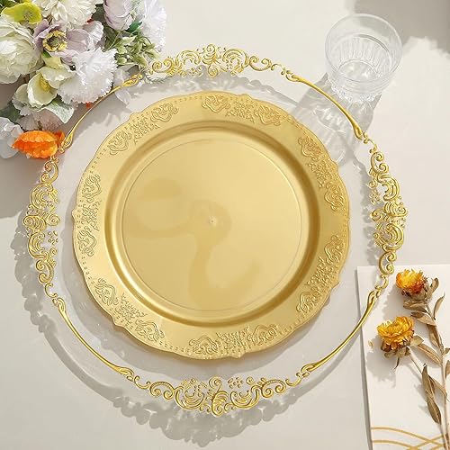 Miniatura 6 de Tableclothsfactory Paquete de 10 platos de postre de plástico duro en relieve dorado de 10 pulgadas, platos de ensalada redondos desechables con