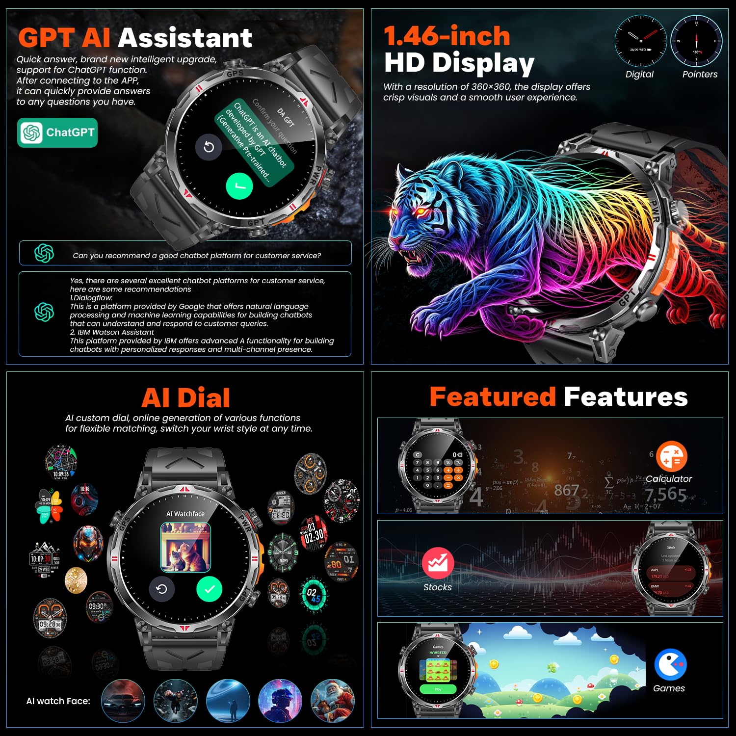 Orologio Smartwatch Uomo con GPS Sport: 1.7" AMOLED Orologi Intelligenti con GPT Effettua Risposta Chiamate 107 Modalità Sportive 3 ATM Pressione Sanguigna Frequenza Cardiaca Compatibile Android e iOS