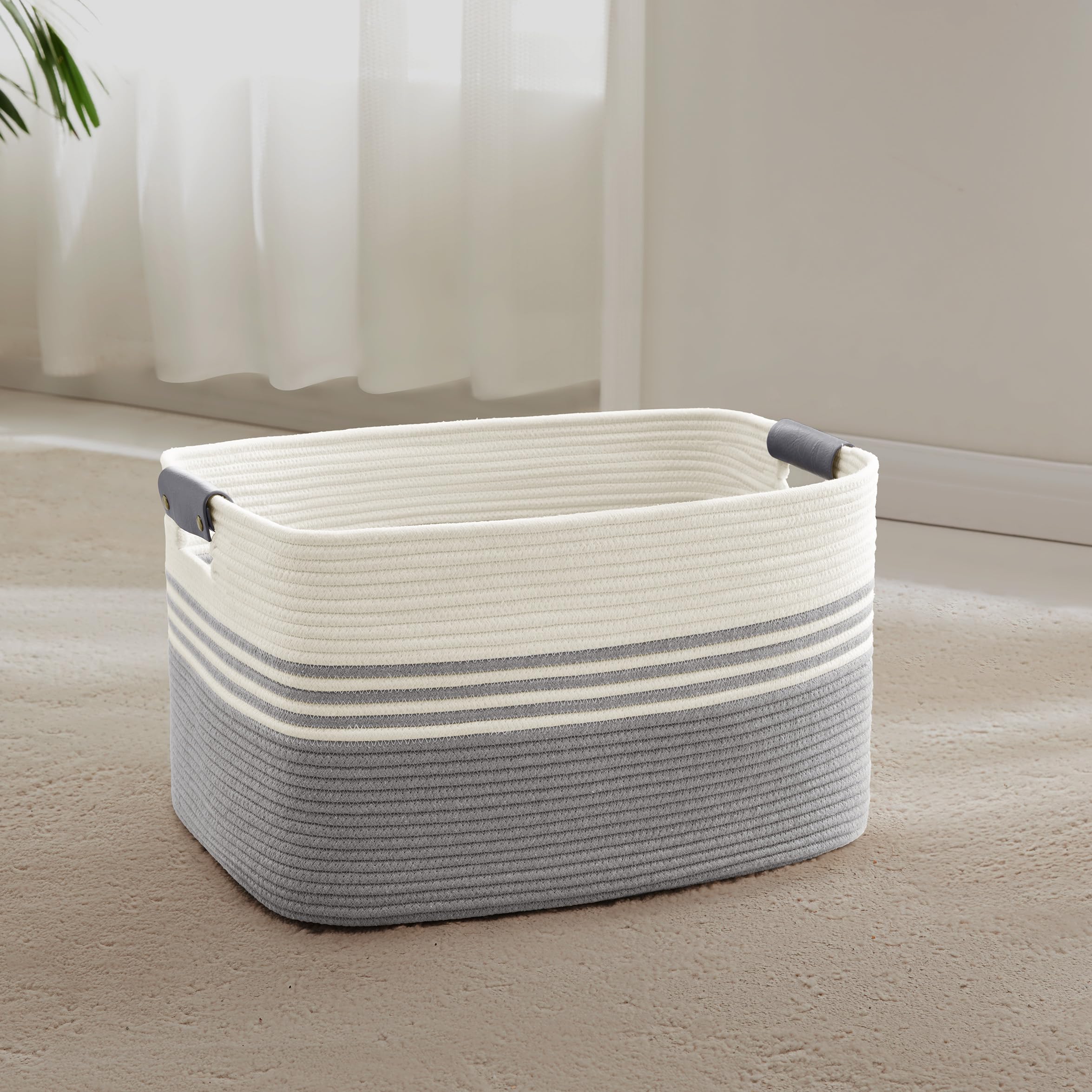 MYHOMMATTO 45L Small Laundry Basket with Leather Handles for Living Room Storage, Woven Rope Baskets Bin for Blanket, Kids Toy, Gifts, Wicker Hamper for Bedroom Dirty Clothes, 18"x14"x11" White Grey