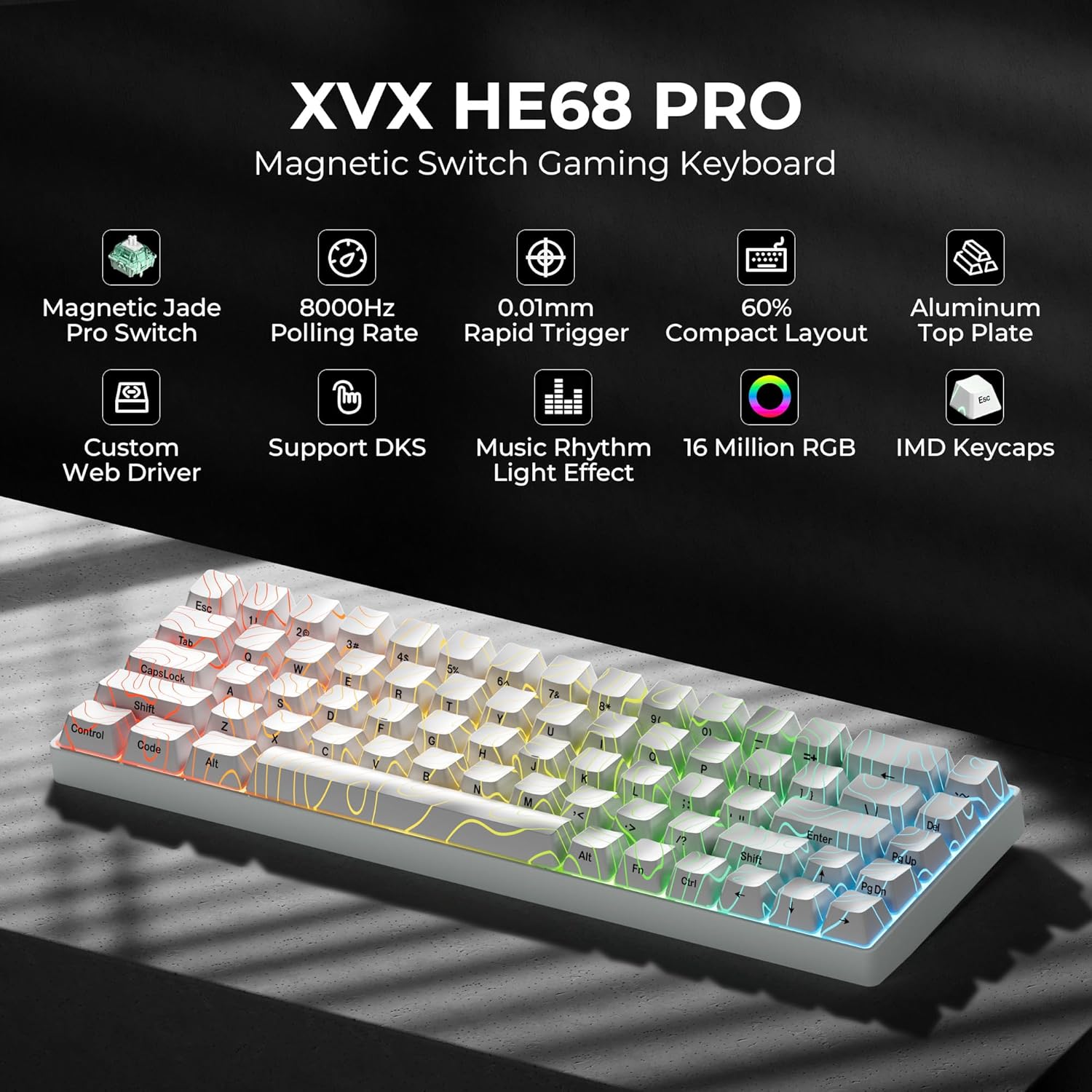 x XVX HE68 Pro Rapid Trigger Keyboard 60% Percent,Hall Effect Keyboard with Gateron Magnetic Jade Pro Switch,CNC Aluminum Frame Topographic Custom Mechanical Key Board for PC/Laptop/Xbox/PS4/PS5,White