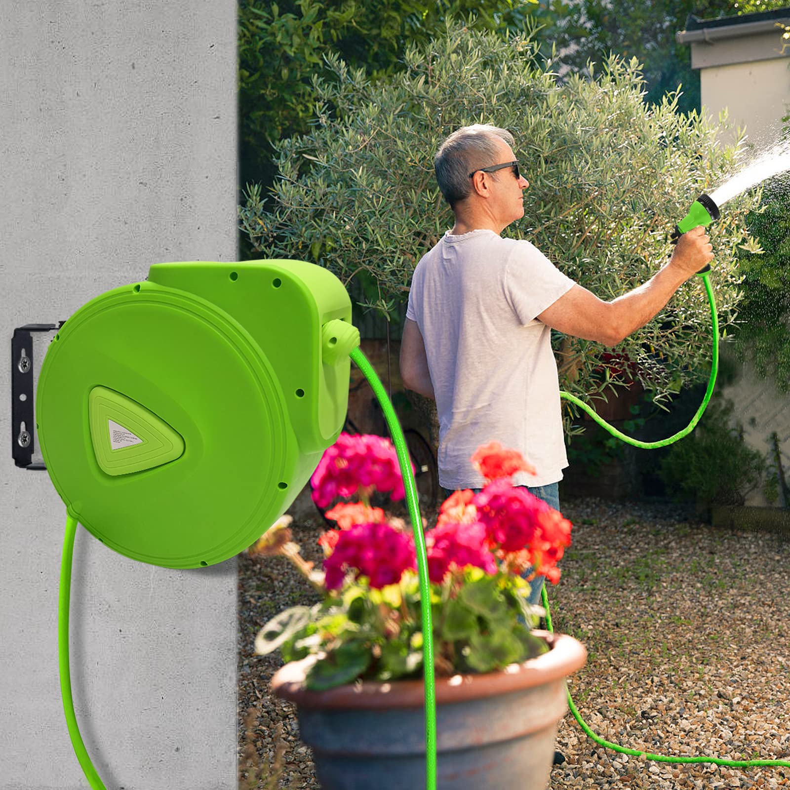 UISEBRT Avvolgitubo 30 + 2 m, Scatolone per Tubo da Giardino - Scatolone per Tubo Orientabile a 180° con Supporto a Parete, Tamburo Automatico per Tubo dell'Acqua per Giardino, Irrigazione, Lavaggio