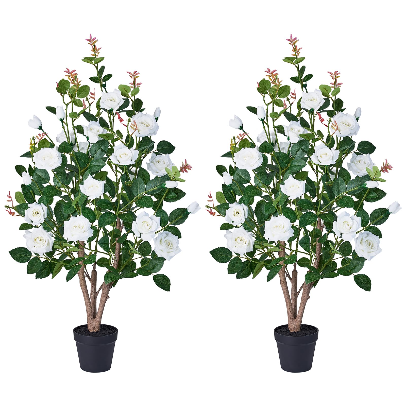 Verinatural Artificial Plants Outdoor Set of 2-90cm White Rose Artificial Tree with Faux Silk Flowers, UV Resistant Decorative Plastic Pots - Lifelike Front Door Plants for Indoor Outdoor Home Decor