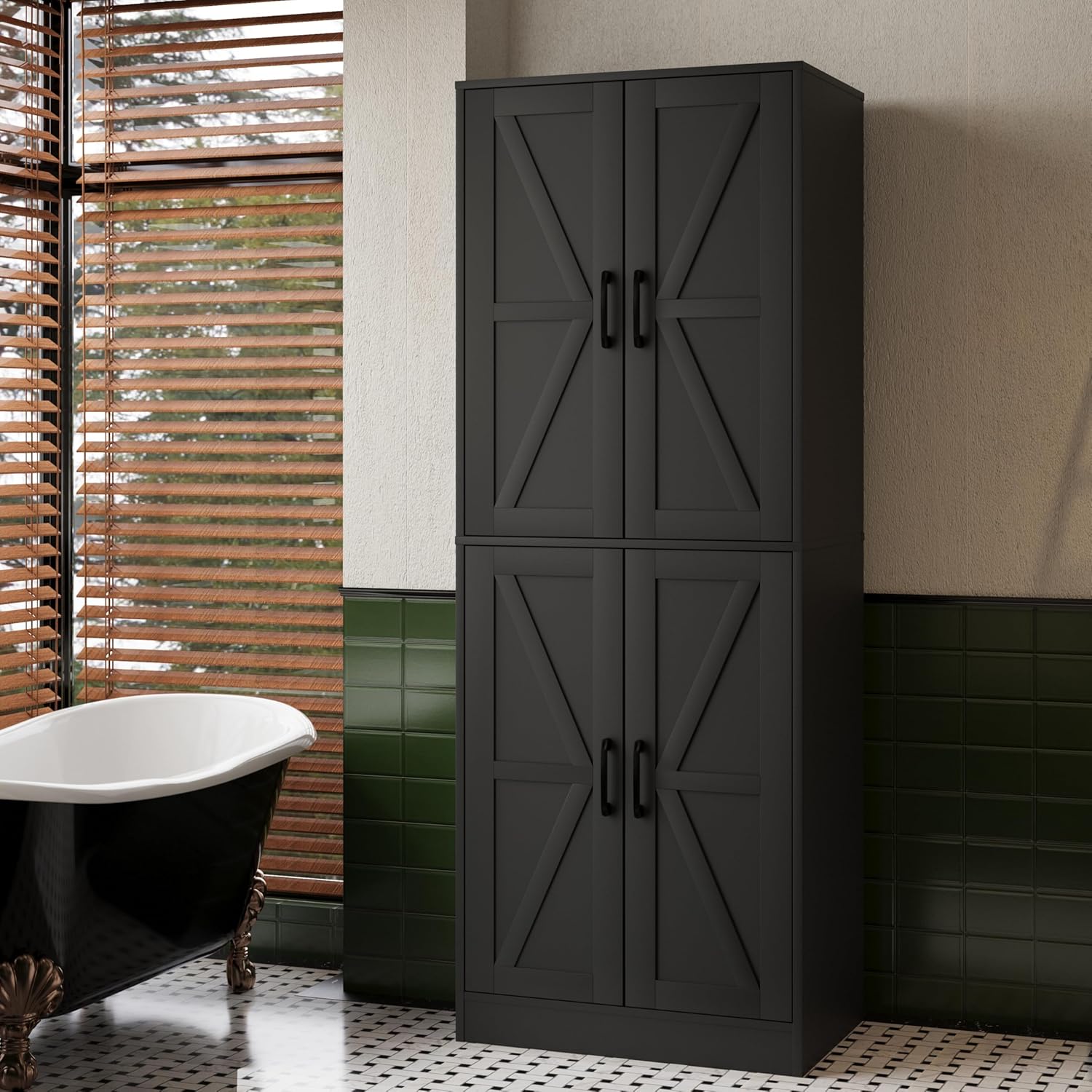 Farmhouse Storage Cabinet - Pantry Cabinet with 4 Doors, Tall Kitchen Pantry with Adjustable Shelves, Organizer, Black Storage Cupboard for Kitchen Dining Room Bathroom