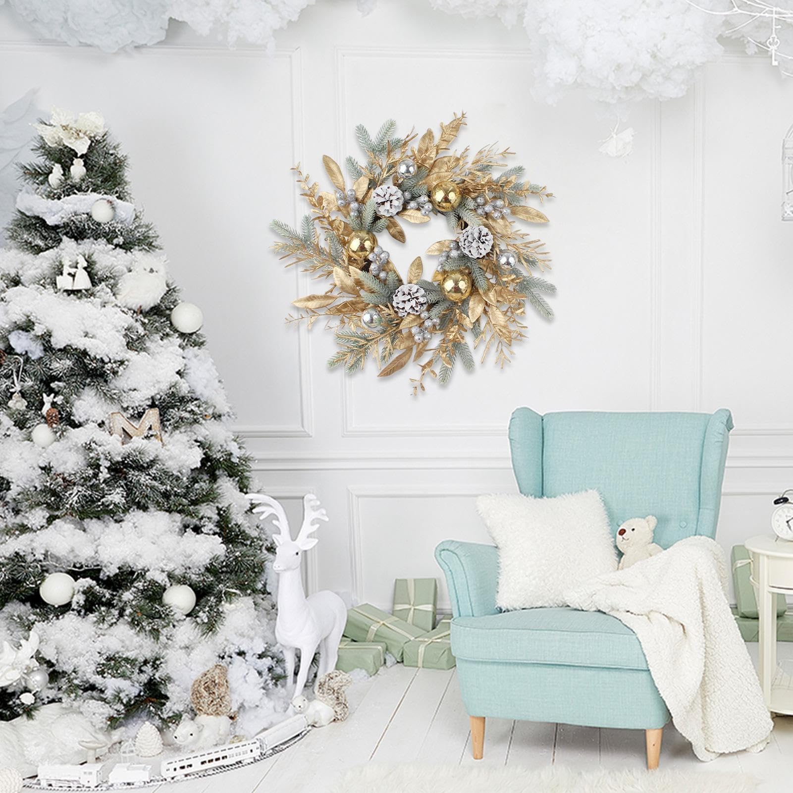 Kerstkrans voordeur Kerst Dennennaalden Kransen 4 Size Xmas Krans Met Grote Boog & Rode Bessen & Dennenappels Kerst Krans Decoratie Voor Indoor Kerstkransen (Color : 35 cm/13.7 inches