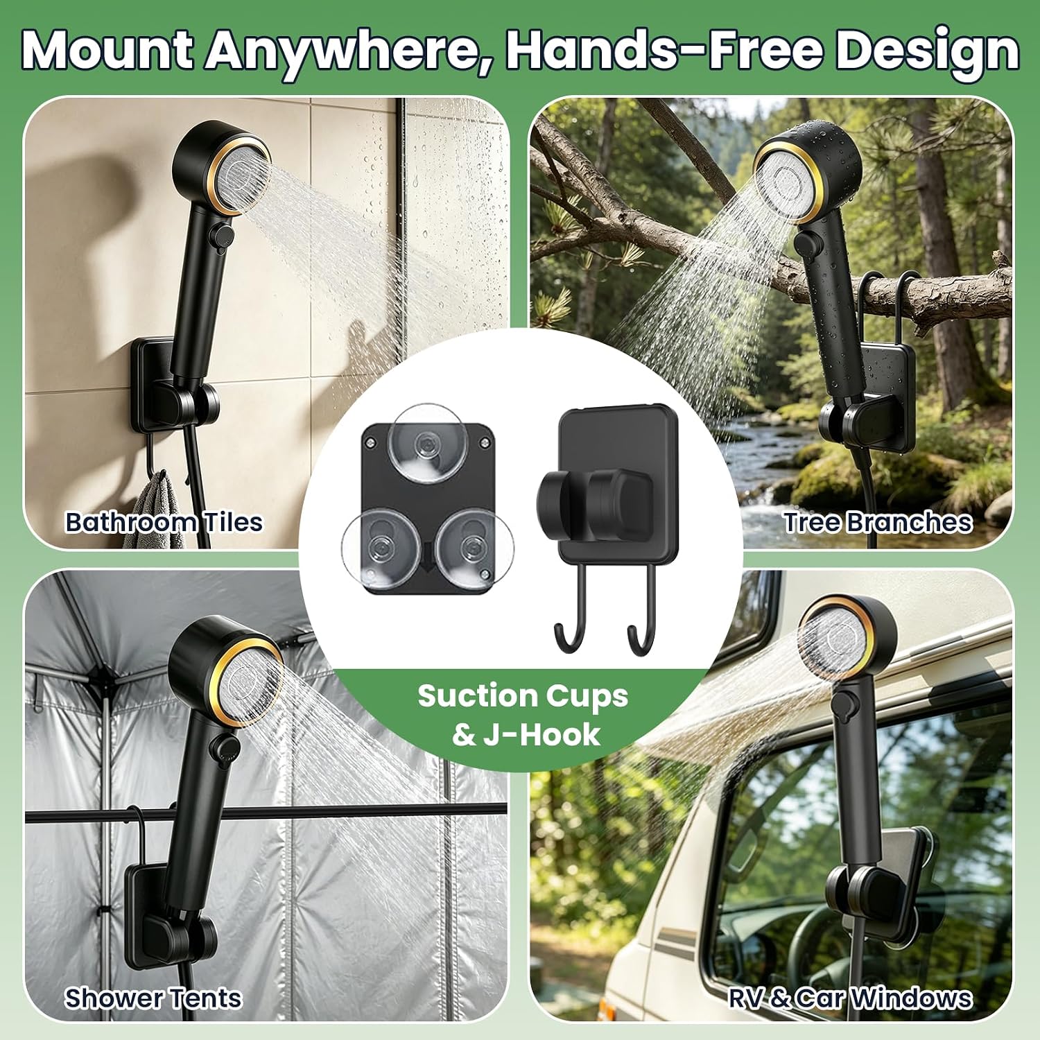 dessports Portable Camping Shower, 6000mAh Rechargeable Outdoor Shower Pump | 5 Speeds & 4 Spray Modes, 180min Runtime, Dual Washable Filter, Quiet Motor, Real-Time LED Display, J-Hook & Suction Cups
