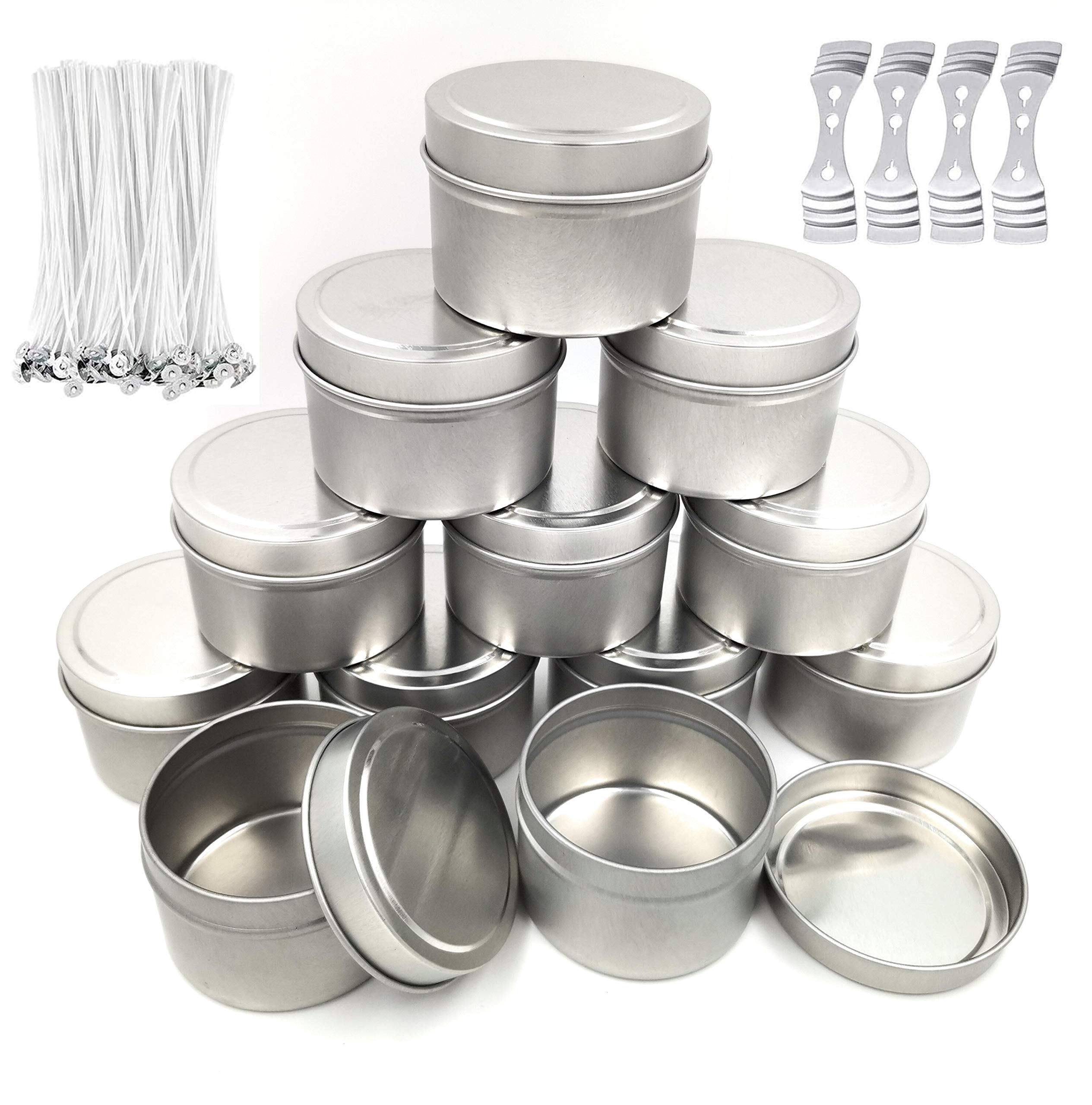 Candela Barattoli per la Fabbricazione di Candele, Candela Che Fa I Kit Includono 12 Pack 8 Once di Metallo Candela Vasi con Coperchio, stoppini di cotone di 50, 4 Stoppino Titolari (8OZ,Silver)