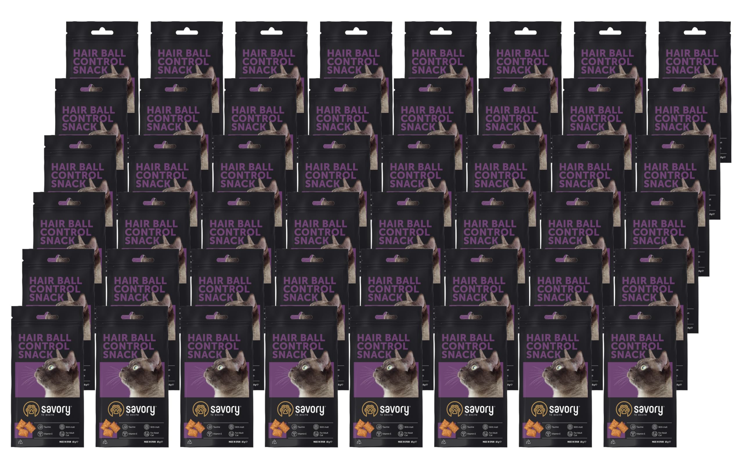 Savory - golosinas para Gatos - golosinas para Gatos - - Control de la Bola de Pelo - Todas Las Razas de Gatos, Gatos y Gatitos a Partir de 1 año - con Vit. A, E, D3 y taurina - 48-Paquete (48x60 g)