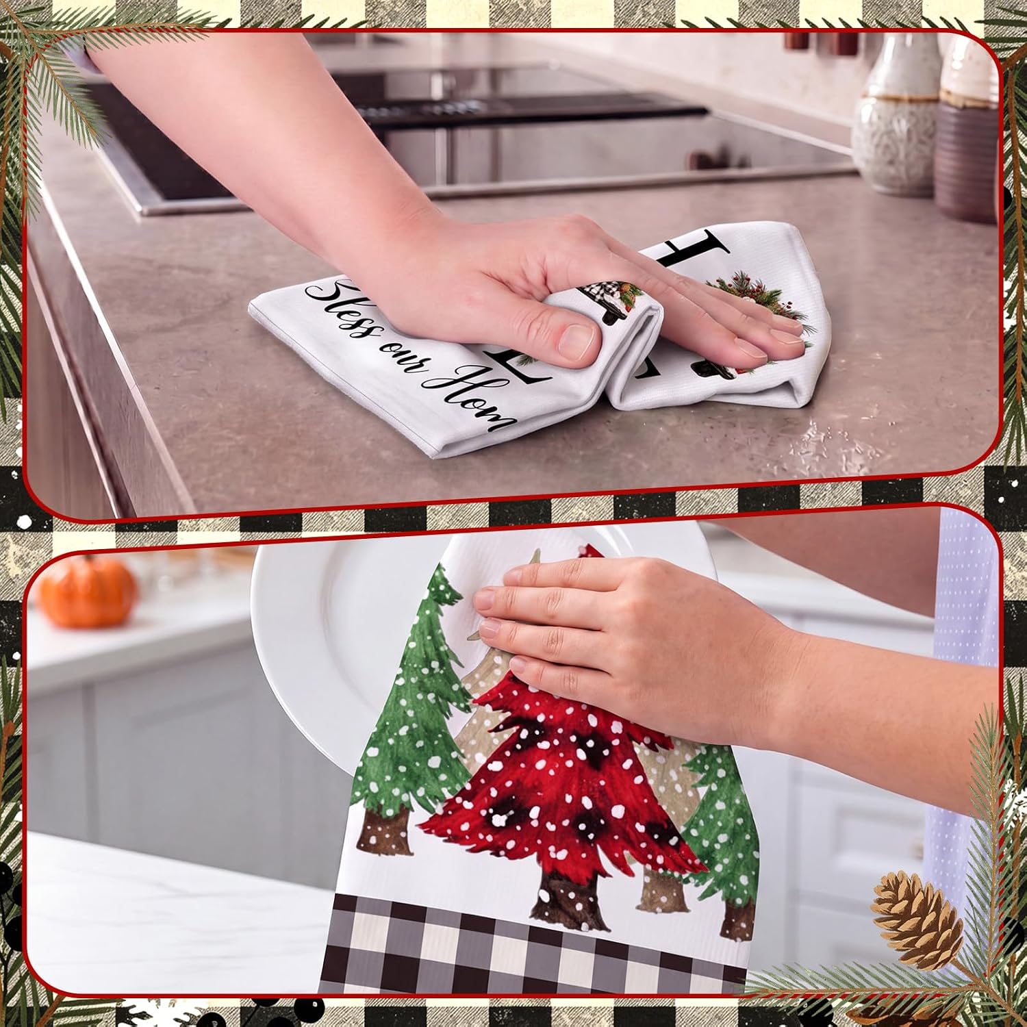Bencailor 4 Pcs Christmas Kitchen Towels, Santa Buffalo Plaid Absorbent Hand Dish Clothes, Xmas Fast Drying Pine Wreath Decorative Towels, Winter Farmhouse Kitchen Decor, Housewarming Gifts image 2