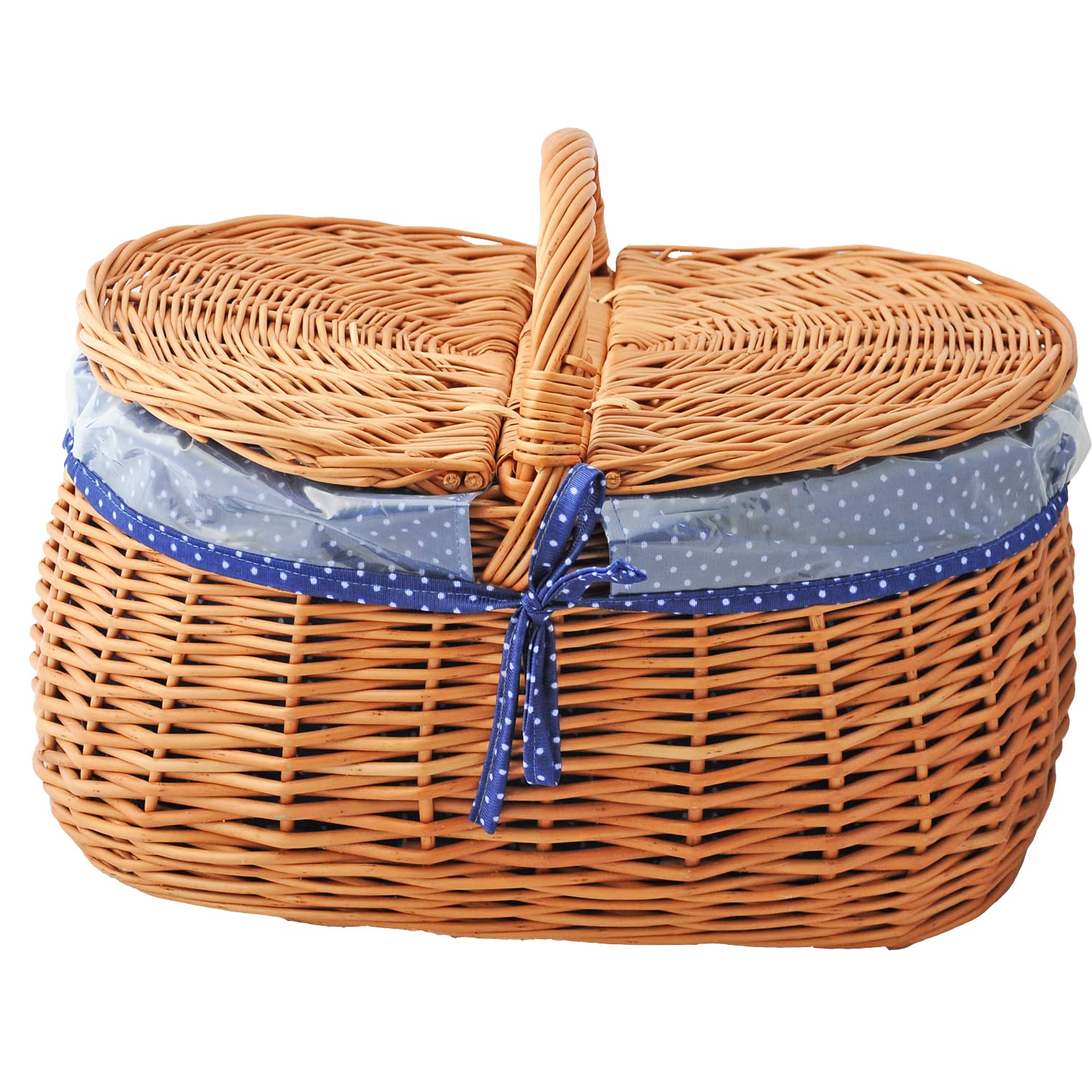 Picknickkorb aus Weide mit Deckel und Stoffeinlage in Blau Schutzfolie Einkaufskorb geflochten oval