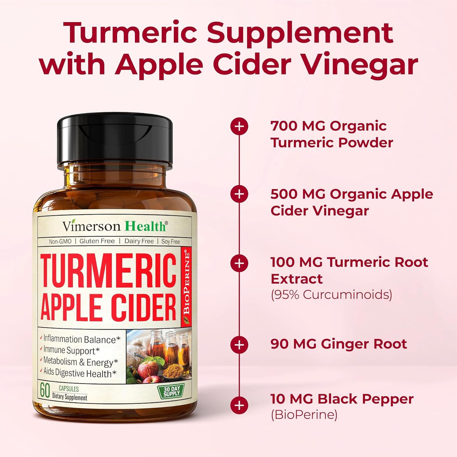 Organic Apple Cider Vinegar with Turmeric Curcumin Supplement & Ginger for Digestive Health, Metabolism, Energy & Joint Support – Organic Turmeric & Apple Cider Vinegar Capsules – 60 Vegan Non-GMO - Image 5