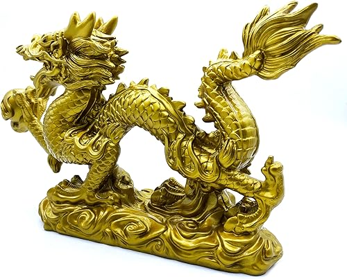 Miniatura 3 de FUNSXBUG Estatua grande de dragón chino de 13 pulgadas de Feng Shui, escultura coleccionable para la suerte y el éxito, oro