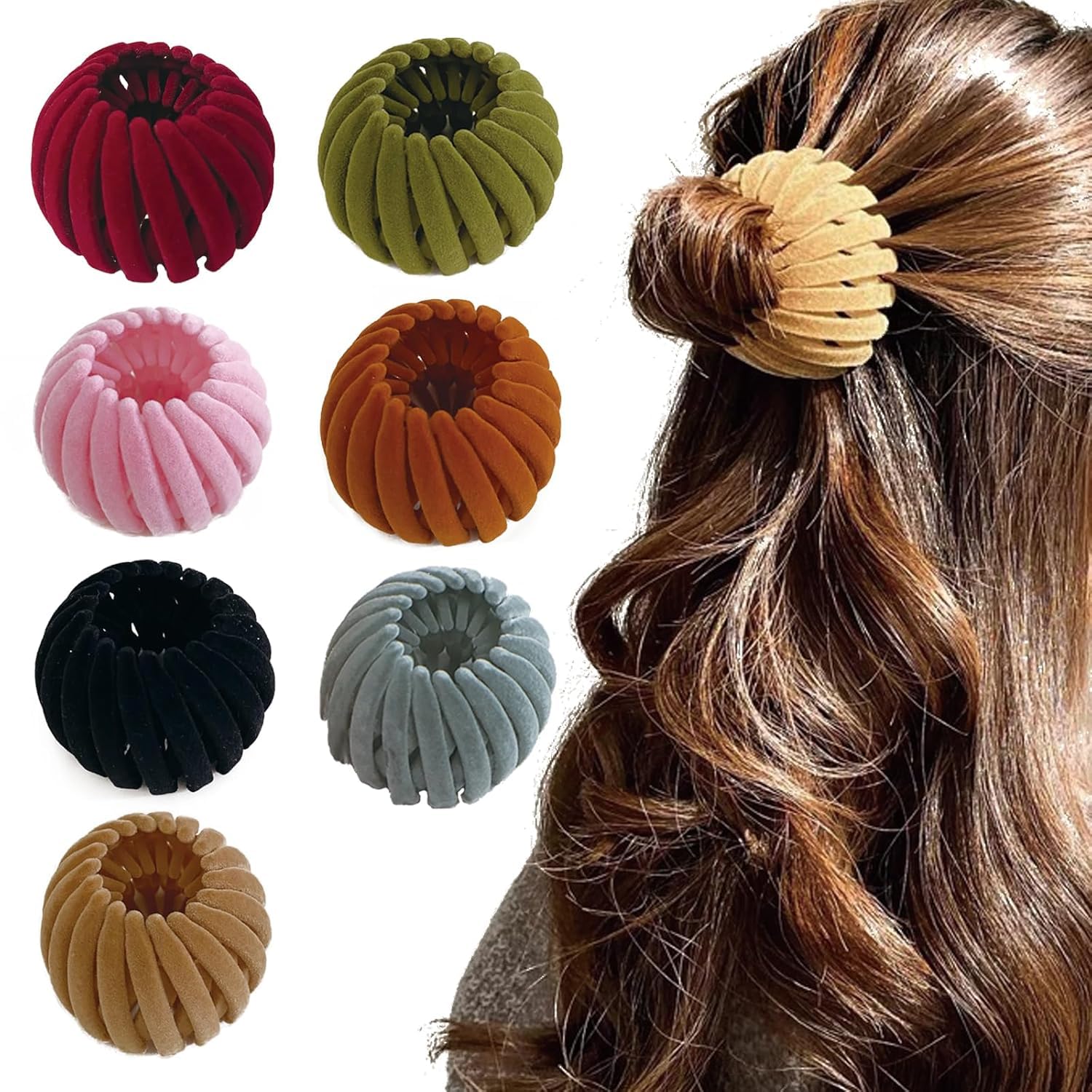 pack of 7 bird nest hair bun clips velvet expandable ponytail holder geometric vintage claw set for women and girls-picture-11