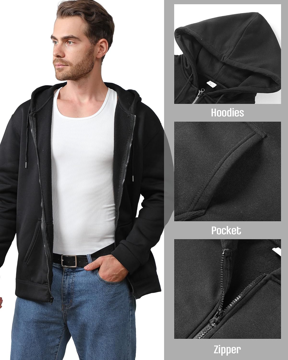 Taiyin 3 Pack Men's Lightweight Fleece Full Zip up Hoodie Long Sleeve Sweatshirt with Pockets for Men - Image 5