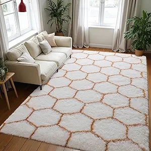 Zentavio Area Rugs for Living Room Large Rugs for Bedroom 5x8 Carpet Fluffy Fuzzy Soft Shag Aesthetic Plush High Pile Throw Rug for Nursery Kids Room Dorm Honeycomb Khaki