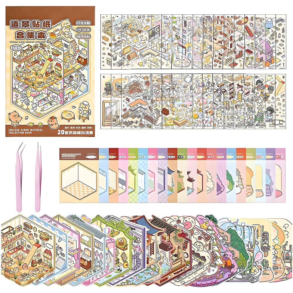 20 Sets DIY 3D House Stickers Kit 3D Miniature Scene Therapy Collection of Landscape Stickers, Children's Decompression, Handmade Miniature Scene Stickers for Kids Adults Collage Patterns (sticker 20)