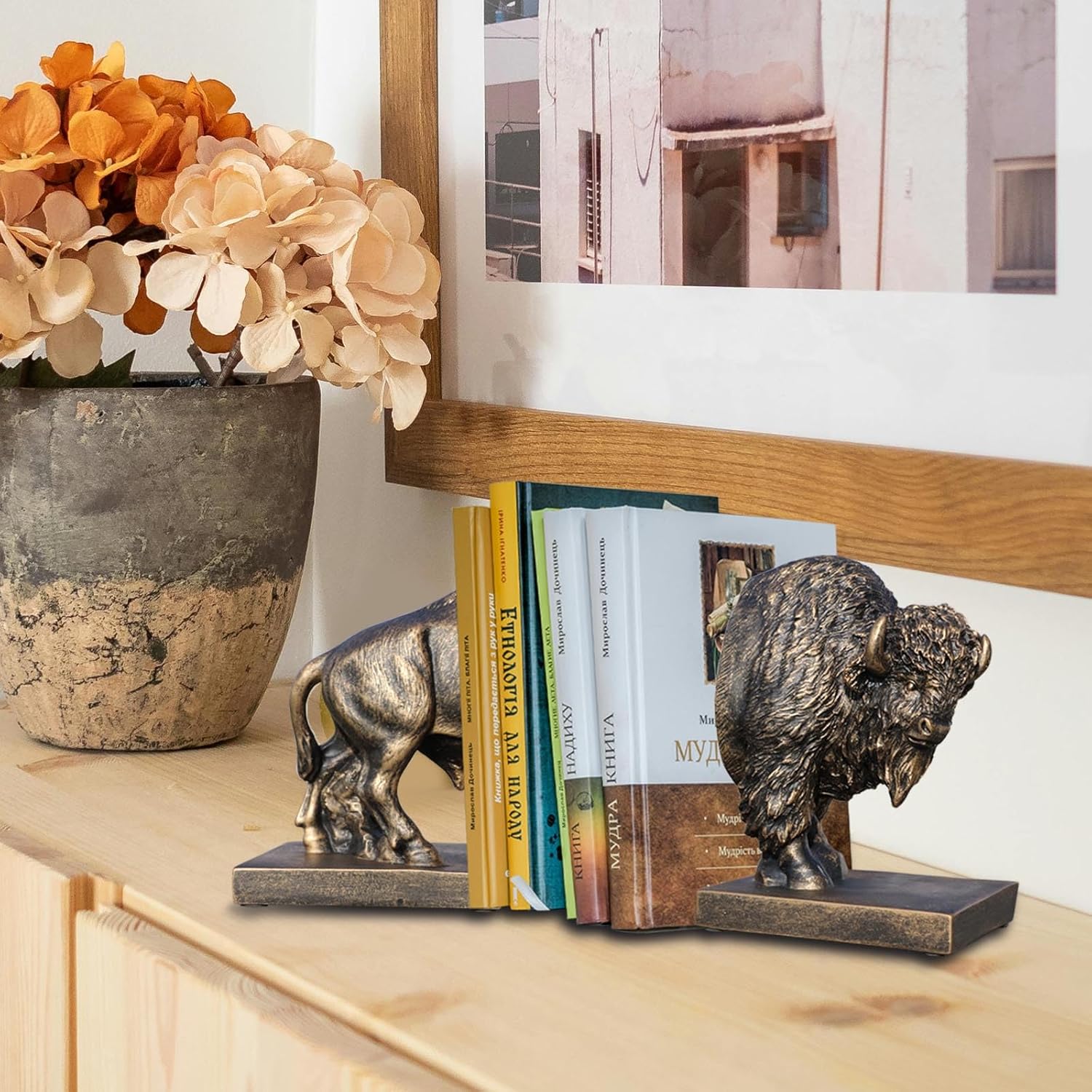 Set of 2 Polyresin Buffalo Bookend,Art bookend, Homedecor for Kids, Office Decor (Copper), FZ21004-C