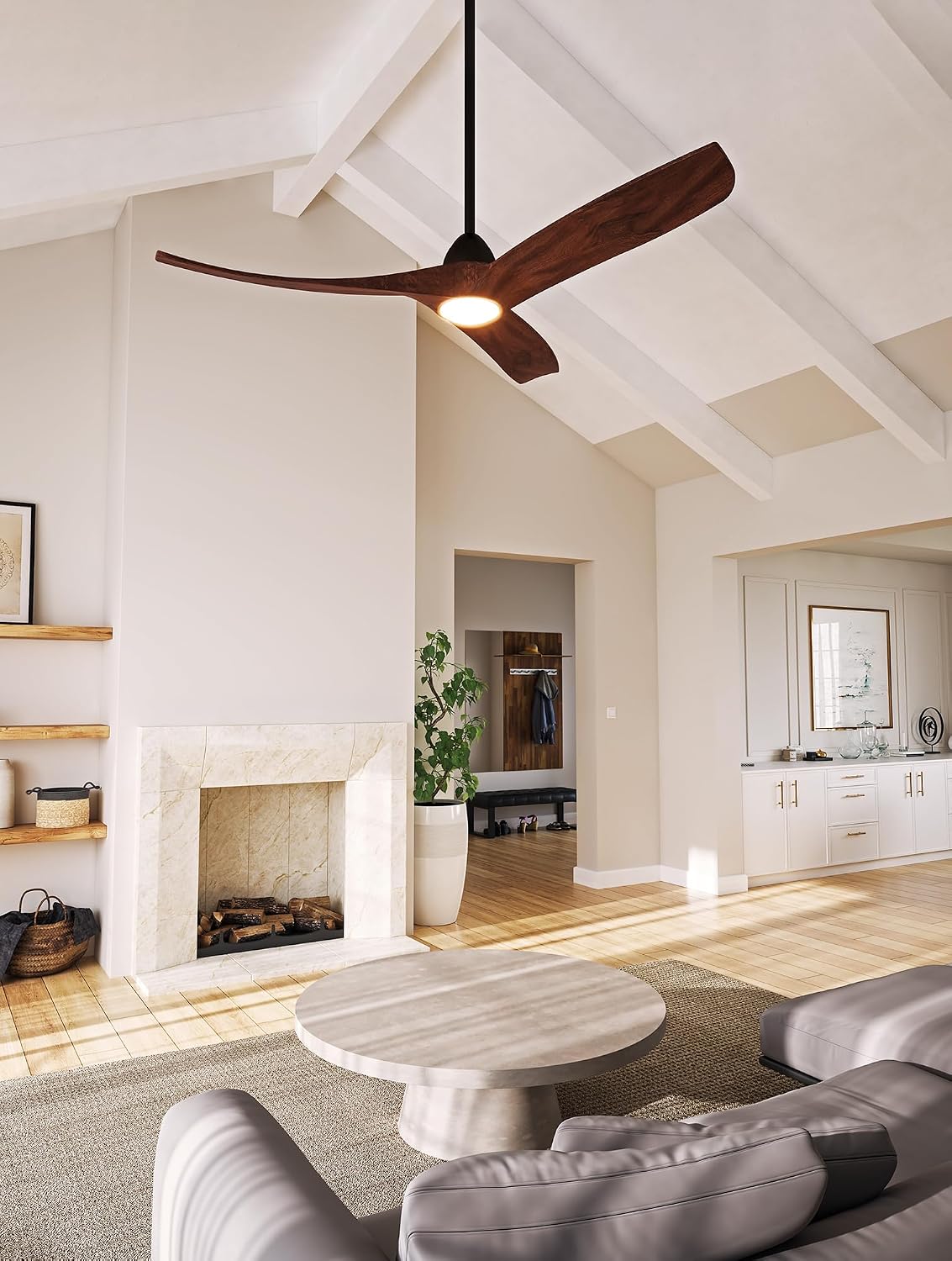 Kuzco Lighting Baylor 60" Ceiling Fan | Matte Black & Dark Walnut Finish | Modern 3-Blade LED Smart Fan | Steel Frame with Carved Wood Blades | Remote & App Control | 60" W x 15" H | CF97860-MB/DW