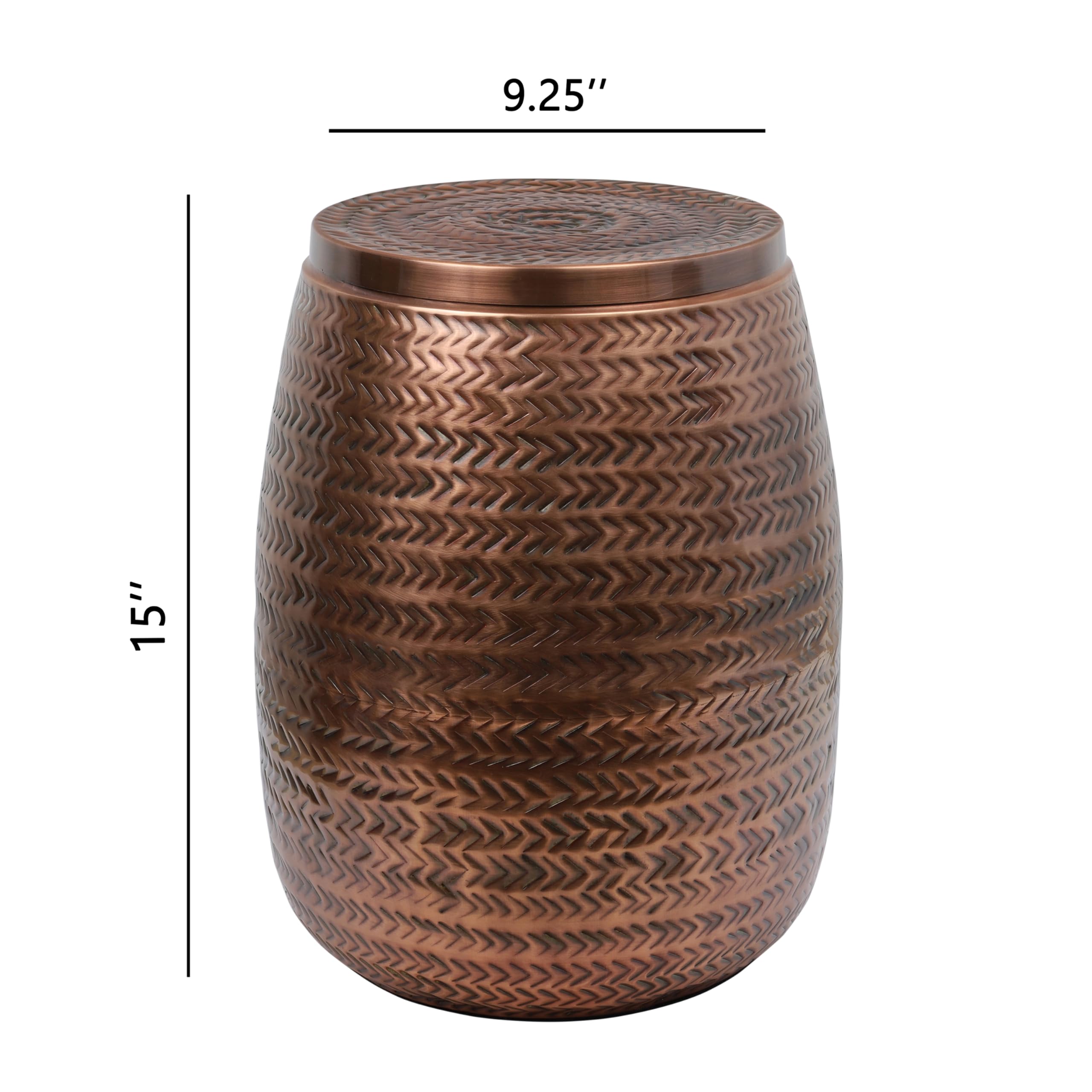 happimess Jasper Drum Storage Side Table Lid Iron 15", Antique Copper | Modern Rustic Arrow-Hammered Pattern, Versatile Accent For Living Room Or Bedroom, Lacquered Finish, 1.22 Cubic Feet Capacity