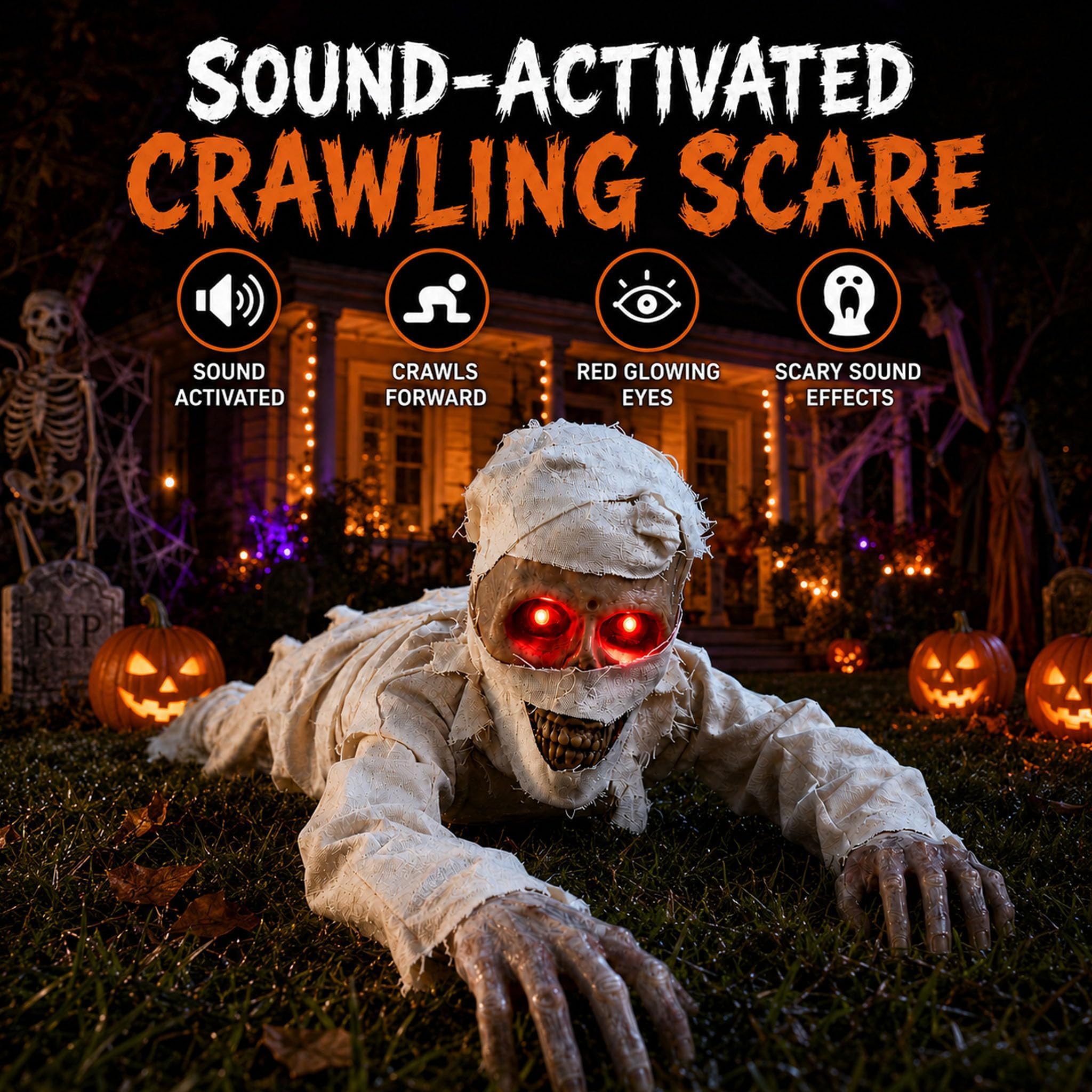 Kriechende Halloween Die Mumie, Halloween Deko Mumie Hat Leuchtend Rote Augen, Intelligente Sprachgesteuerte, Horror-Soundeffekte, Batteriebetrieben, FüR Innen, Garten, Rasen, Hofdekoration