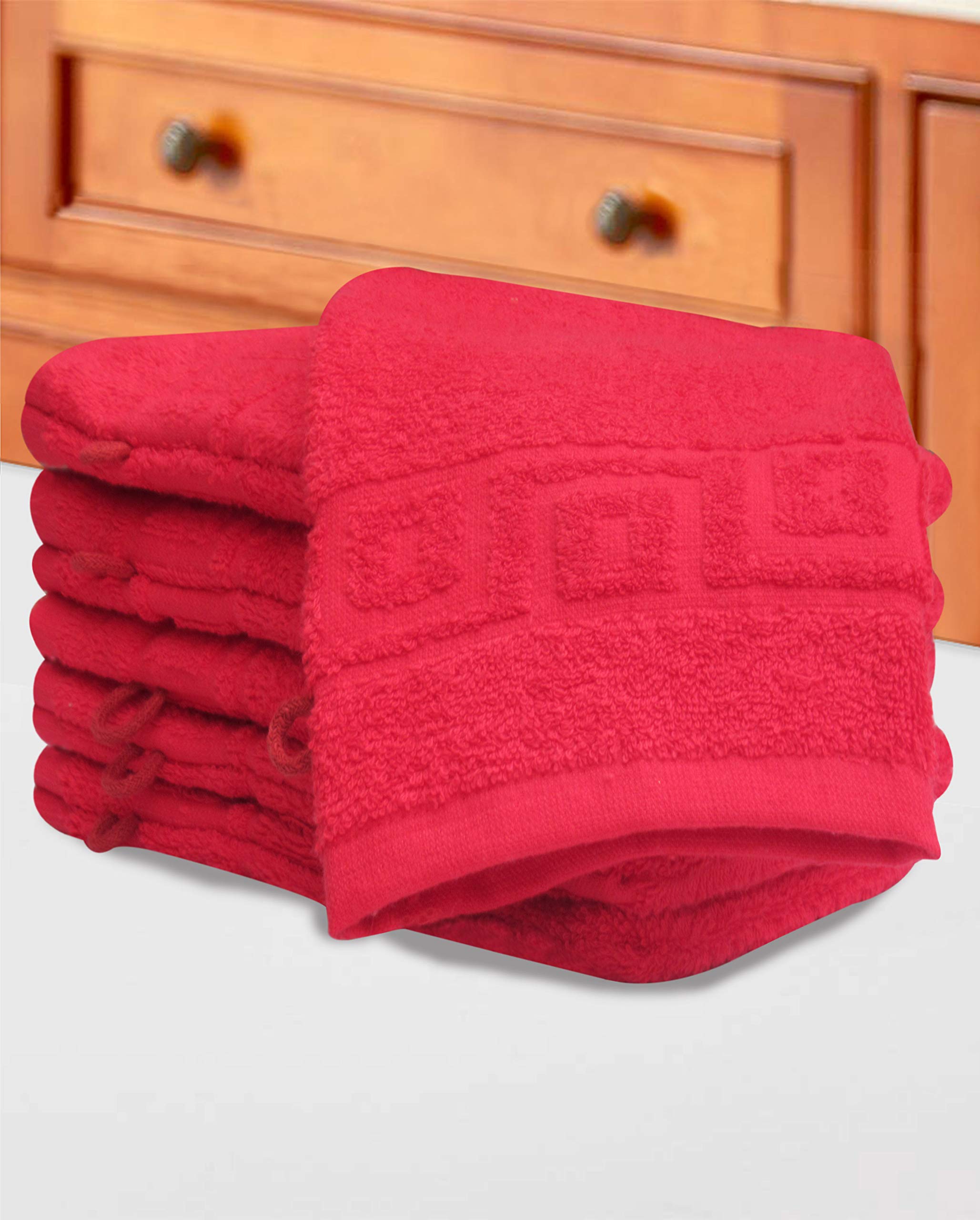 QCS Pack of 10 x 100% Cotton Premium Quality Towelling Washing Mitts Absorbent Flannel Face Towel Body Scrub (Red)