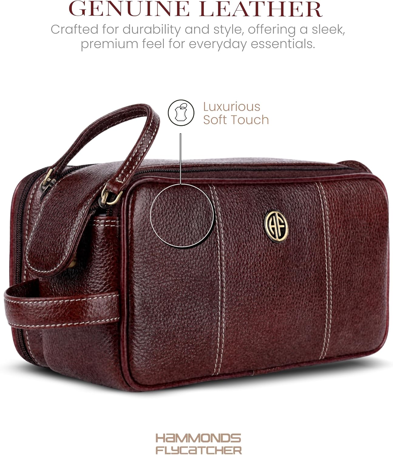 HAMMONDS FLYCATCHER Unisex-Adult Genuine Leather Shaving Bag Leatheropp Kit Travel Toiletry Bag-Hygiene & Grooming Kitganizer-Cruelty-Free Leather and Hand Stitched Vanity Case S TOC4002_BR(N) image 2