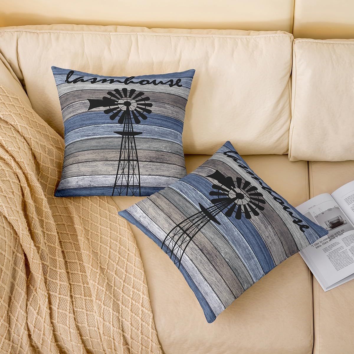 jejeloiu Pack of 2 Farm Decorative Throw Pillow Covers, Soft Rustic Farmhouse Square Cushion Case Set for Couch Sofa Bedroom Living Room, Blue Grey Wooden Plank Pillow Cases Pillowcases, 24x24 Inches