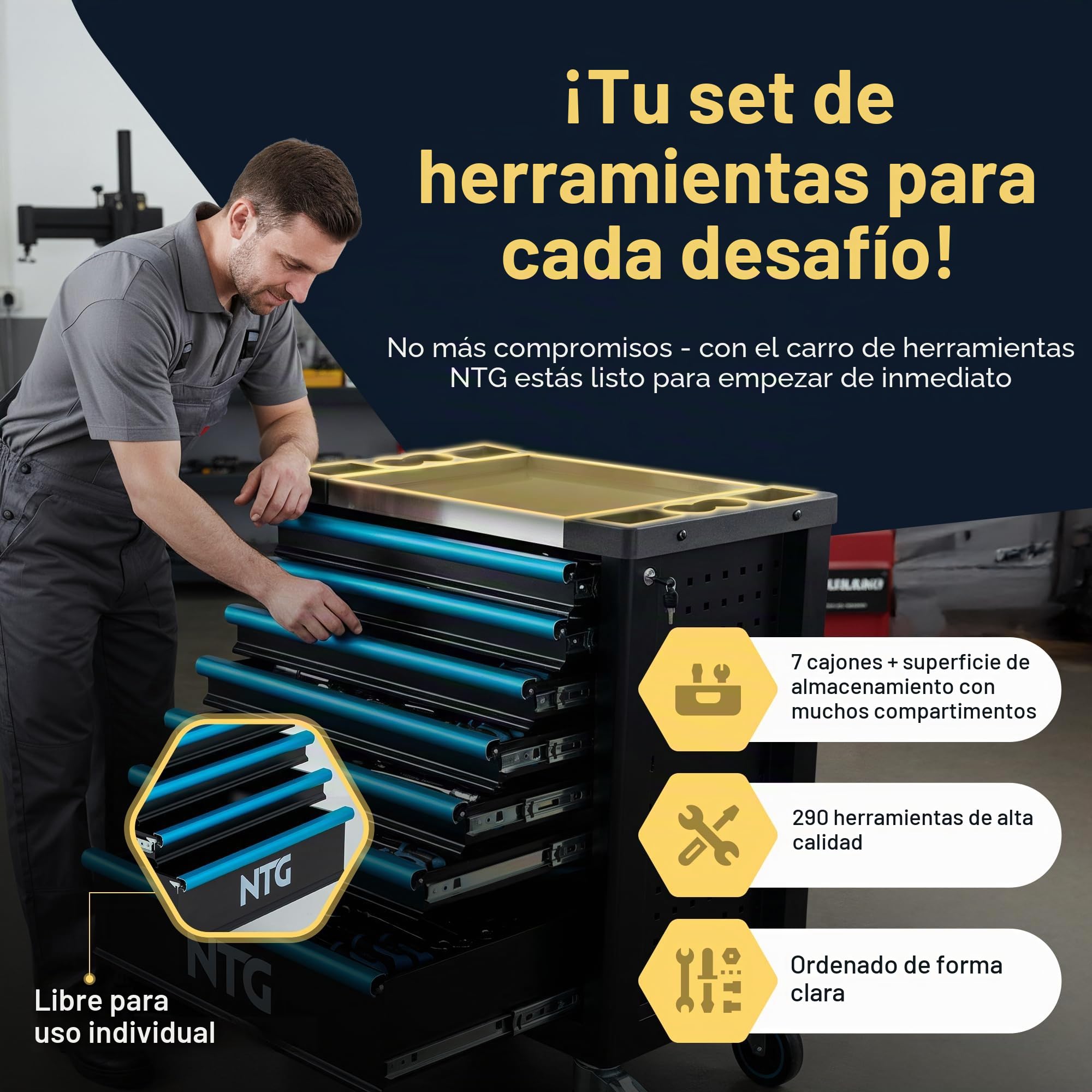 NTG Carro de herramientas con 7 cajones, incluye 290 piezas de herramientas – Carro de taller con cierre centralizado, se puede cerrar, móvil con ruedas – Maleta de herramientas profesional con ruedas
