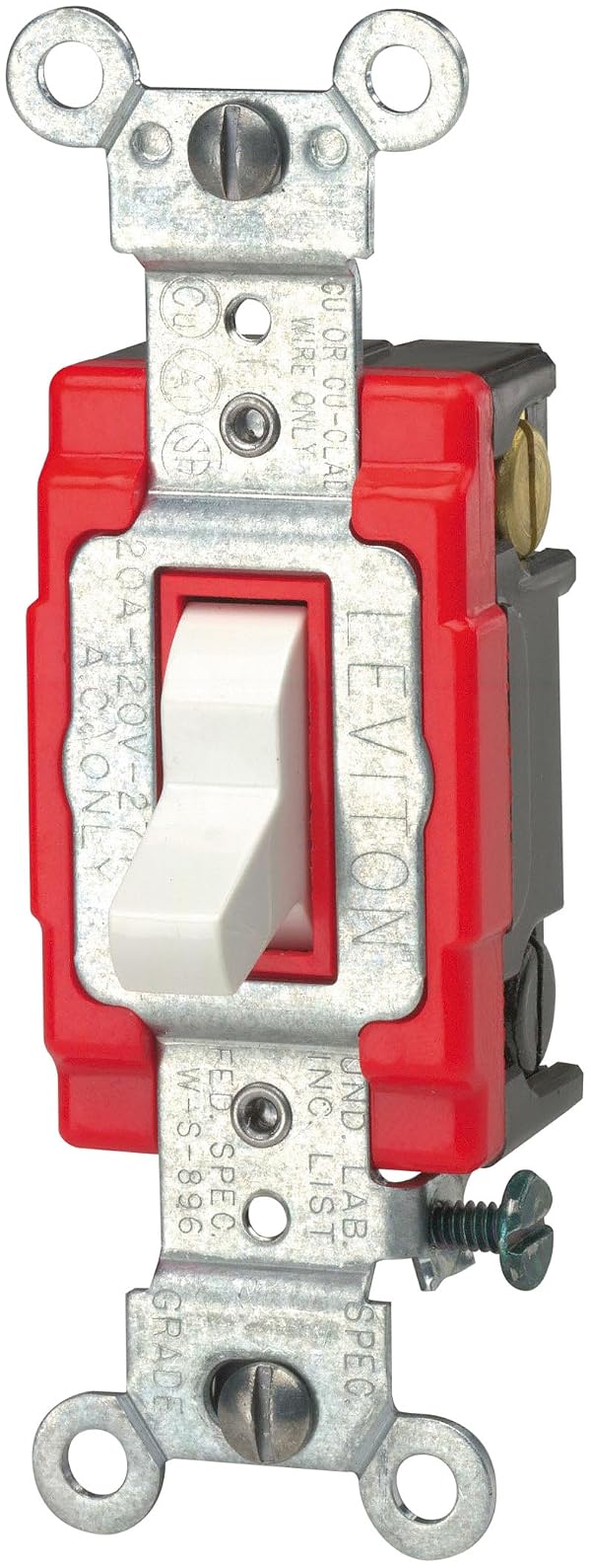 Leviton 20-Amp, 120/277-Volt, Toggle 3-Way AC Quiet Switch, Extra Heavy Duty Spec Grade, Self Grounding, Back and Side Wired, 1223-2W, White by Leviton - Used condition - US$7.65