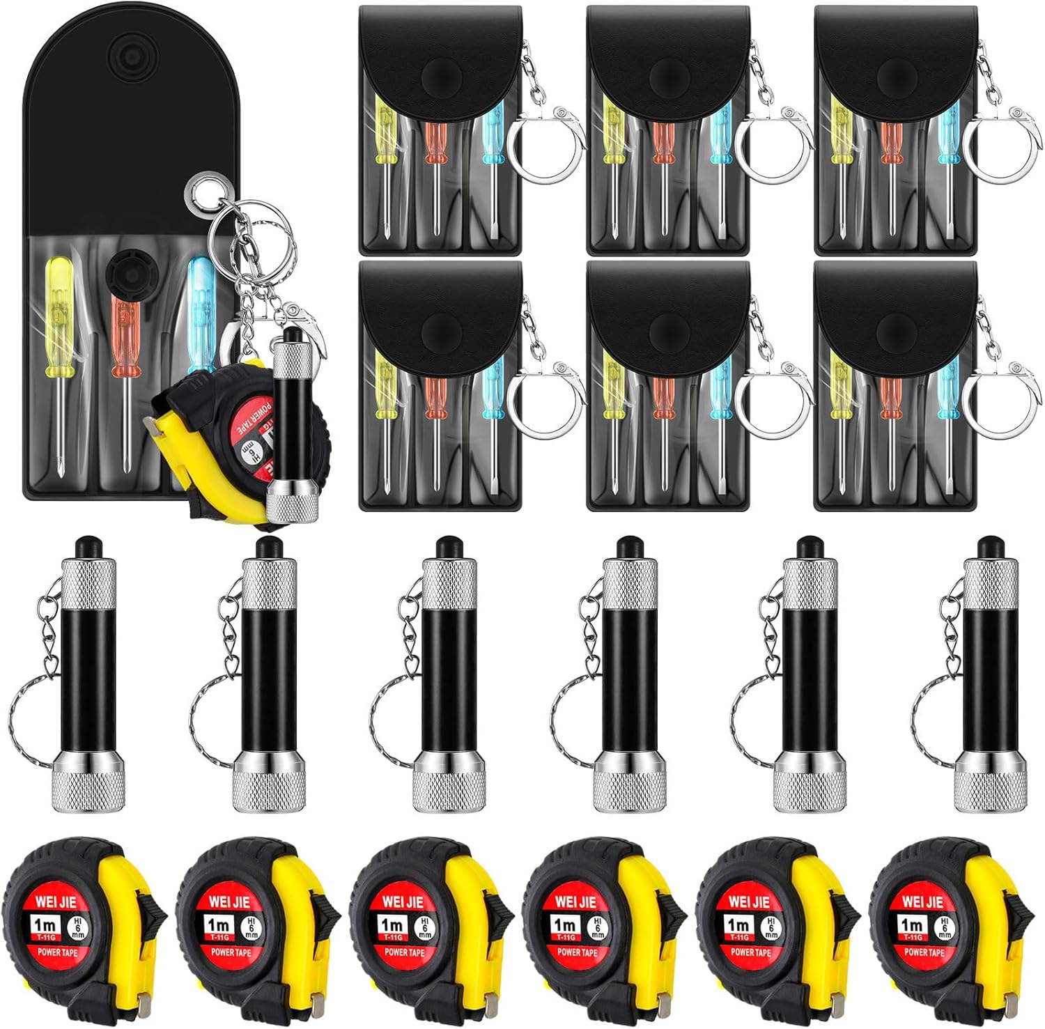 Jutom 18 Pcs Mini Tape Measure Keychain Screwdriver LED Light Keychain Bulk Men Adult Tool Party Gifts Prize for Man Father's Day Housewarming Gifts Adult Useful Tool Favors (Black)