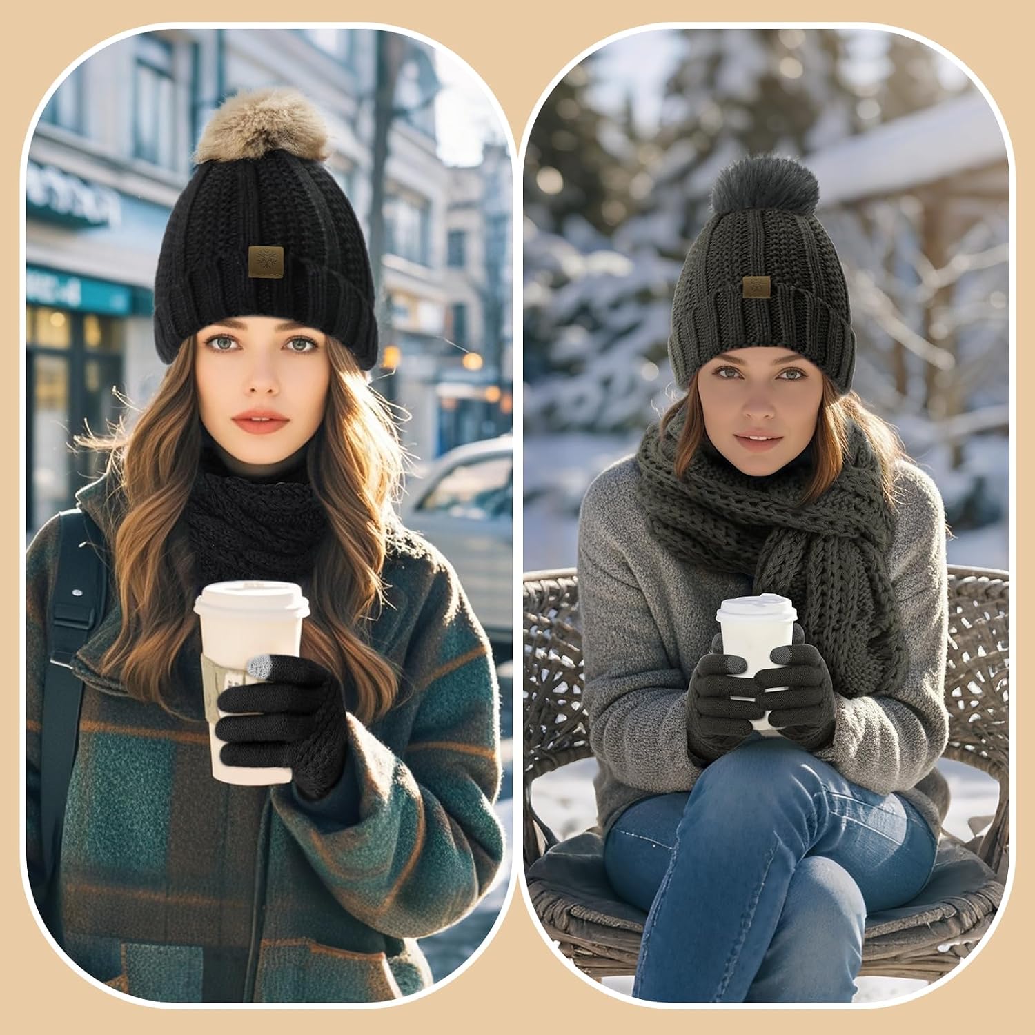 Passionbility Winter Beanie Hat Circle Scarf Touchscreen Gloves Set, Snow Knit Skull Cap, Warm Thick Fleece Lined Neck Warmer