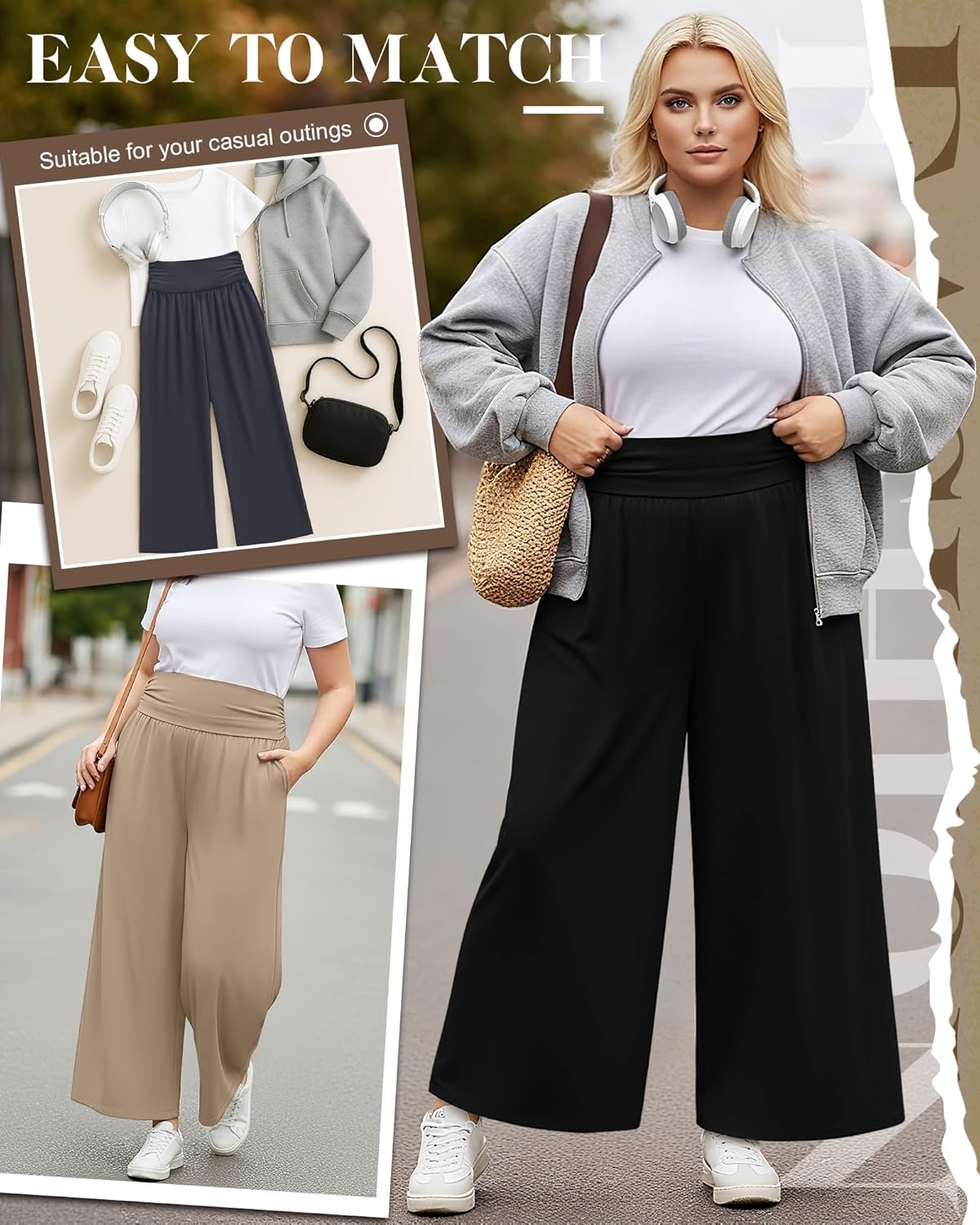 3 Pack Women's Plus Size Wide Leg Pants High Waisted Lounge Palazzo Cropped Pants Casual Loose Pajama with Pockets - Image 3