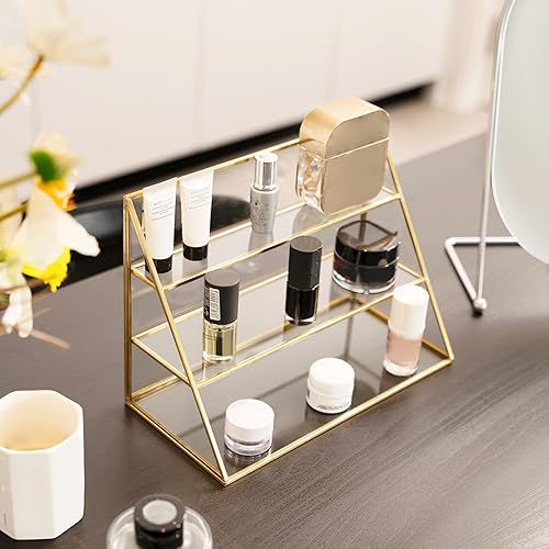 Miniatura 3 de FSyueyun Estuche organizador de maquillaje dorado, 3 capas de vidrio para almacenamiento de maquillaje, organizador de cosméticos, caja de joyería,