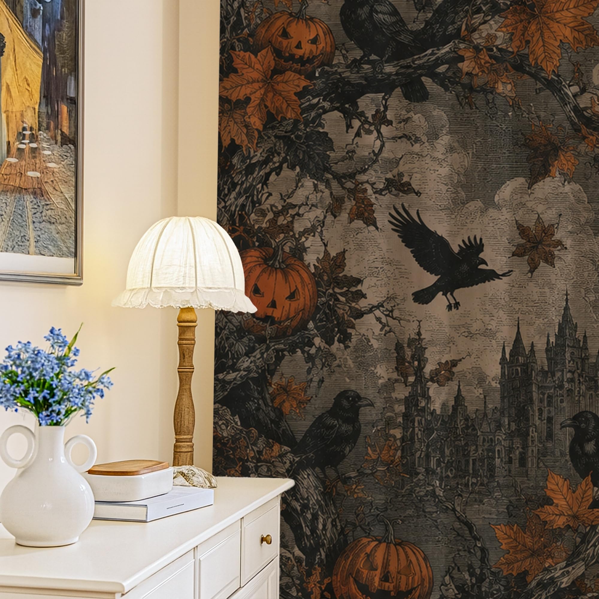 Rideaux occultants gothiques thermiques noirs à motif corbeaux pour bloquer la lumière au salon
