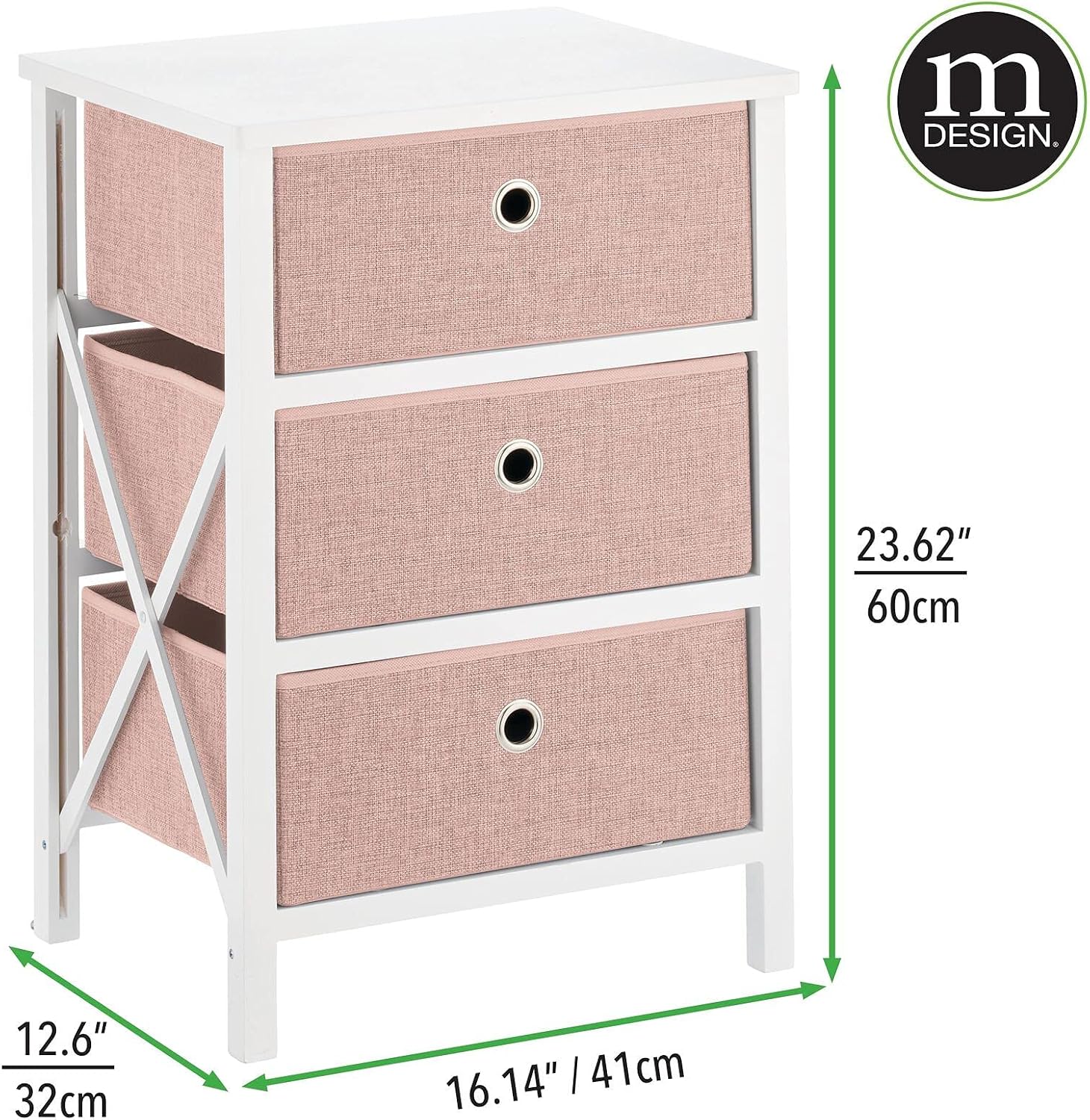mDesign 3 Drawer Foldable Dresser Storage Unit - Wood Frame, Easy Pull Fabric Bins - Farmhouse Organizer Unit for Household Storage Bedroom, Hallway, Entryway, Closets - Pink/White