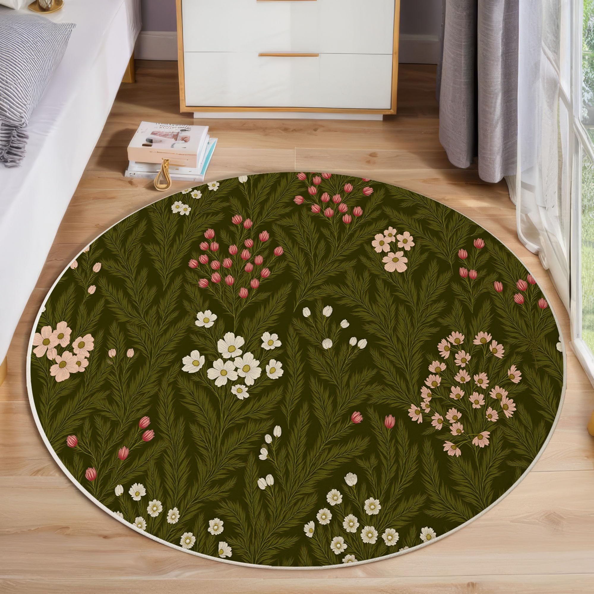 Tapis rond motif floral vert foncé lavable en machine 200cm