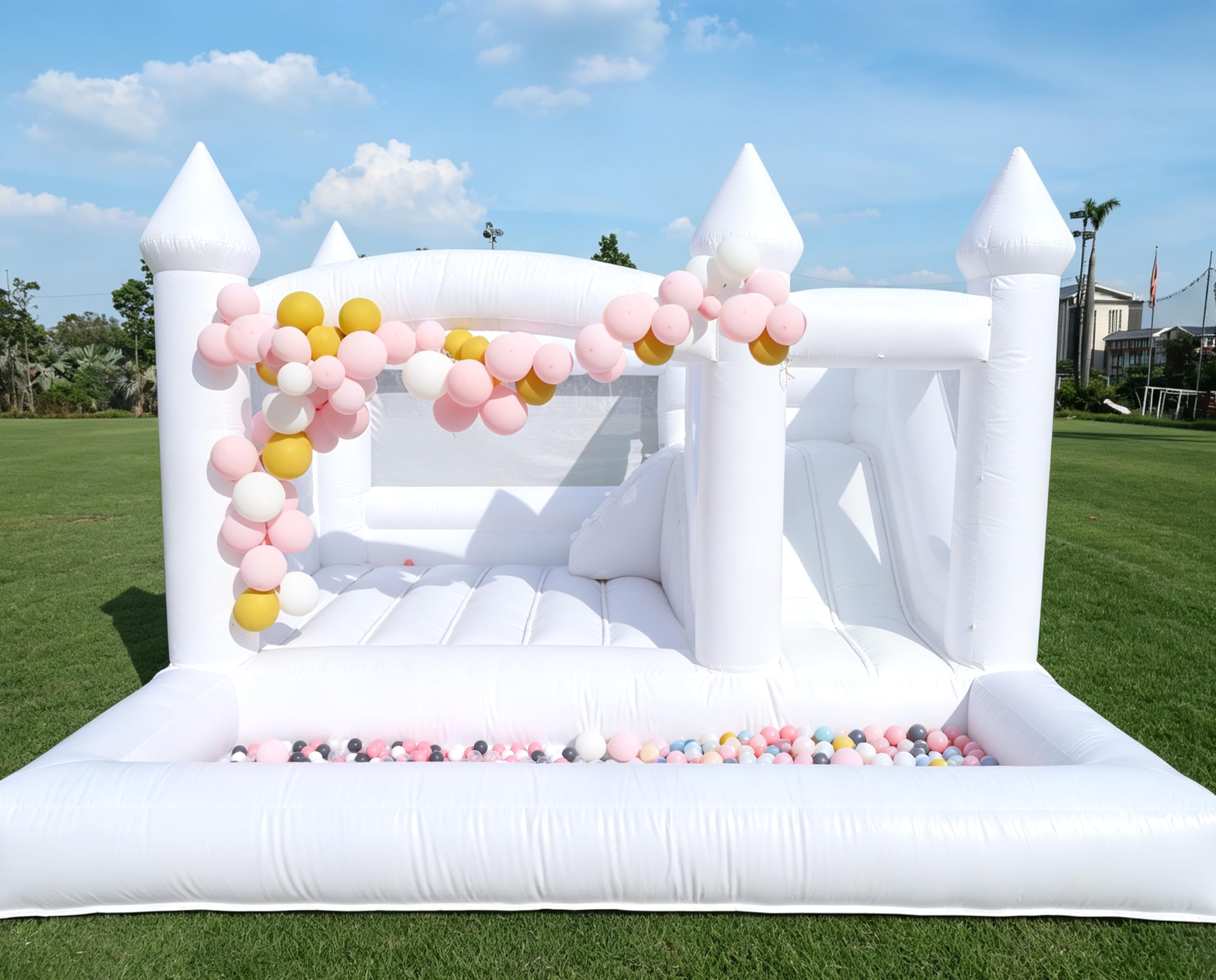 15ft White Bounce House Castle with Ball Pit&amp;Slide, 100% Heavy Duty PVC Inflatable Commercial Bounce House for Adult Kid, 600lbs Capacity, 1100W Blower, Outdoor Wedding Party Balloon House, 15x15x10ft