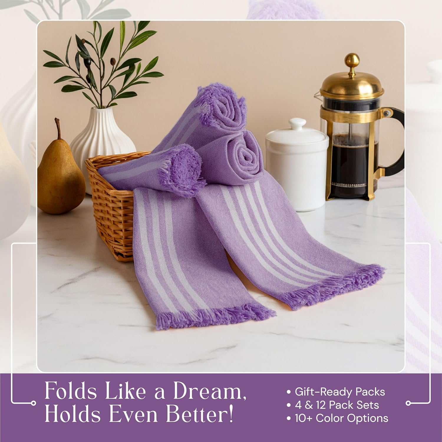 Striped Kitchen Towels 4 Pack, 16x26 Inches, 100% Cotton, Absorbent Dish Towels for Kitchen Drying, Reusable Dishcloths for Cleaning, Quick Dry Wash Rags for Everyday Use - Lavender
